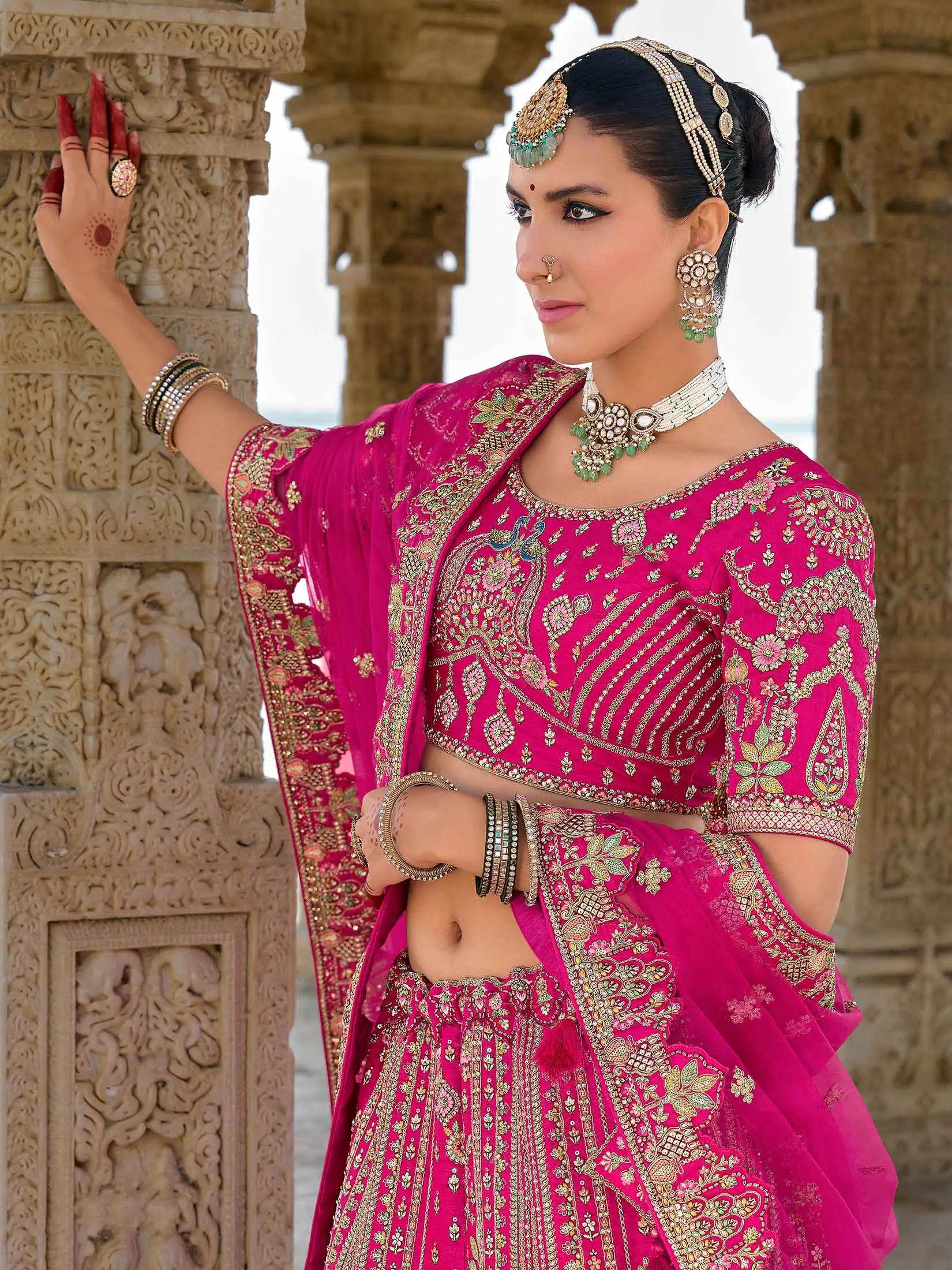 Pink Designer Bridal Lehenga With Heavy Embroidery & 2 Dupatta - qivii
