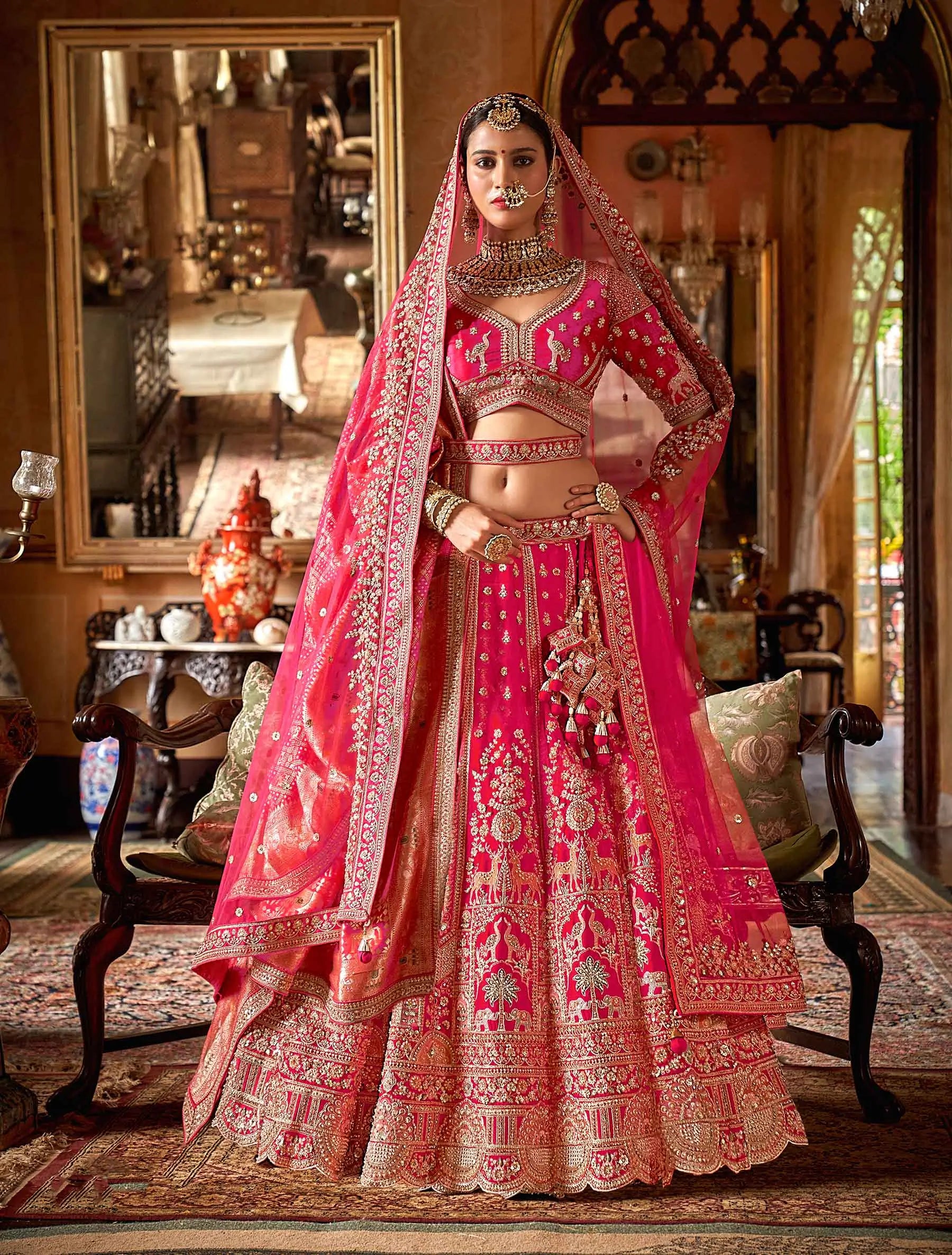 Pink Heavy Embroidery & Pearl Work Bridal Lehenga With - qivii