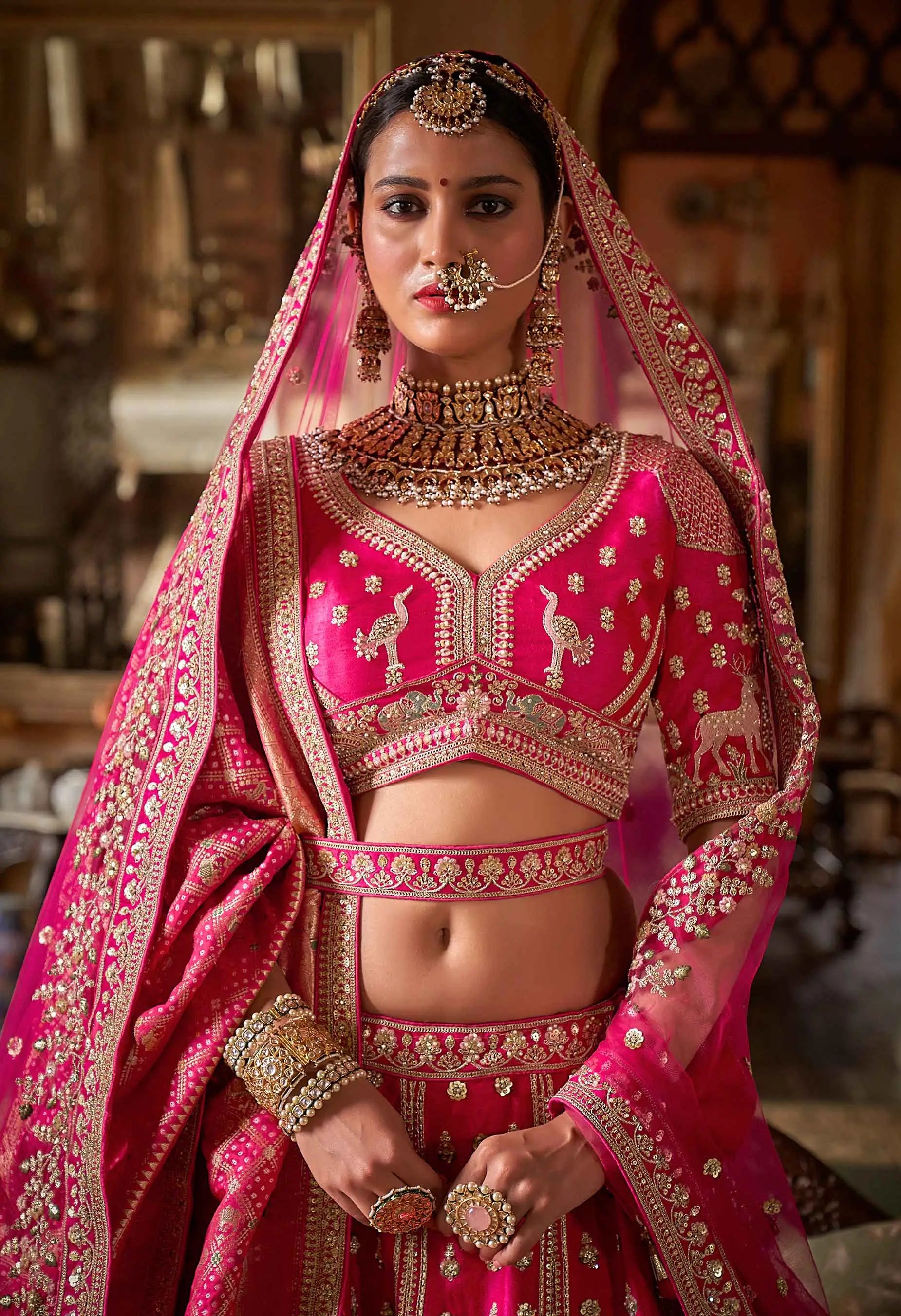 Pink Heavy Embroidery & Pearl Work Bridal Lehenga With - qivii