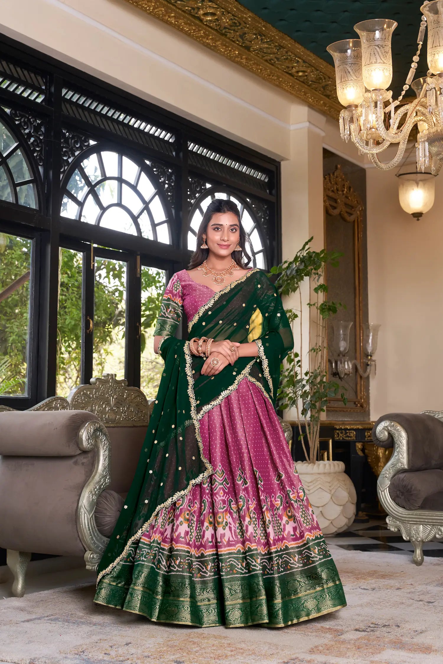 Pink Kanchipuram Silk Lehenga Choli With Digital Print & Embroidery Work - qivii