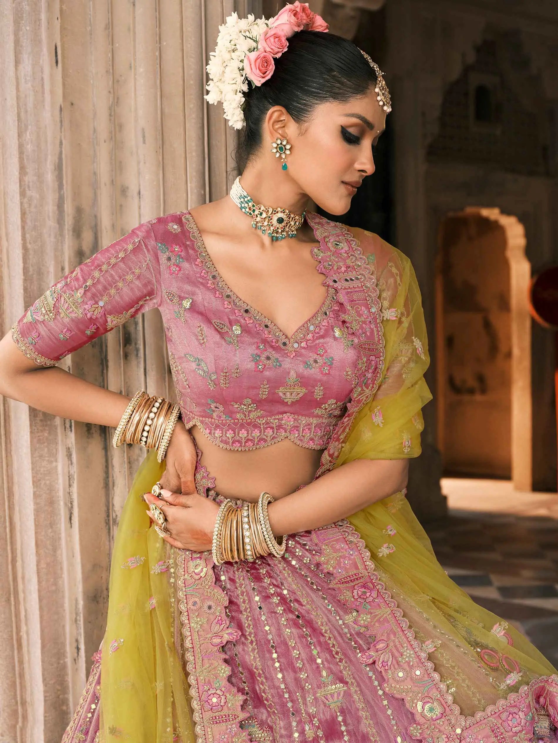 Pink Yellow Bridal Lehenga With Designer Embroidery - qivii