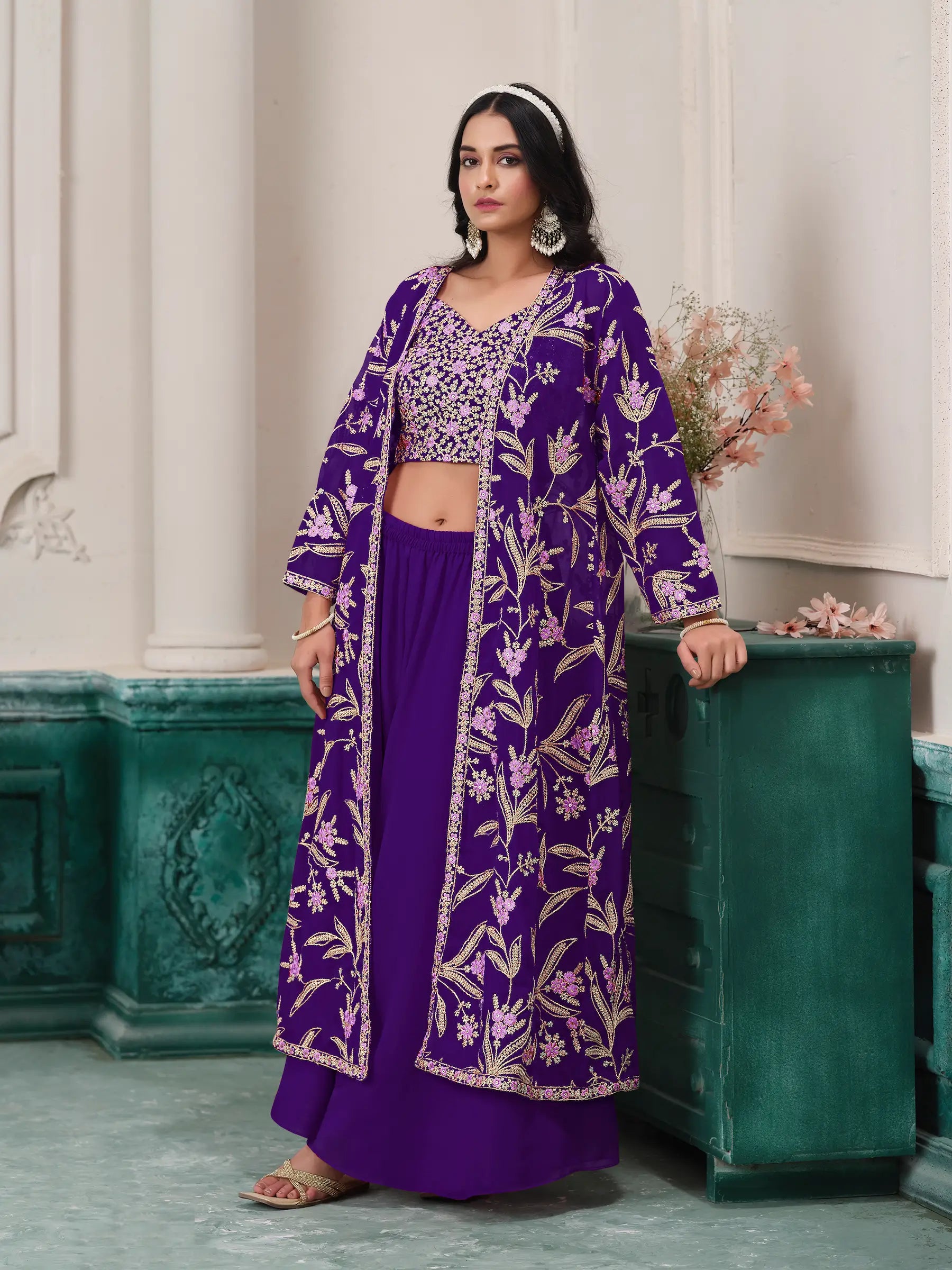 Purple Georgette Indo Western Set With Thread & Sequins Embroidery Work - qivii