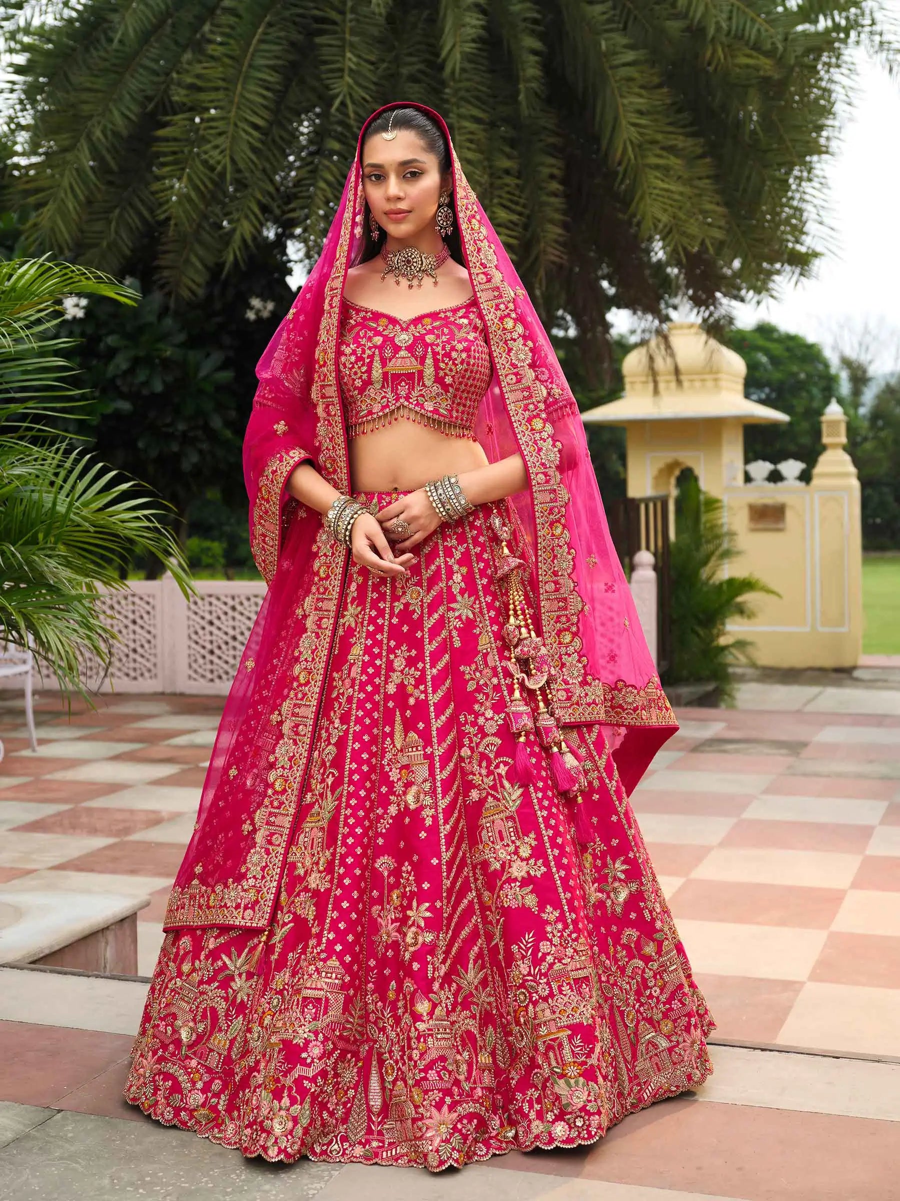 Raspberry Khatli Embroidery Bridal Lehenga With 2 Dupatta - qivii