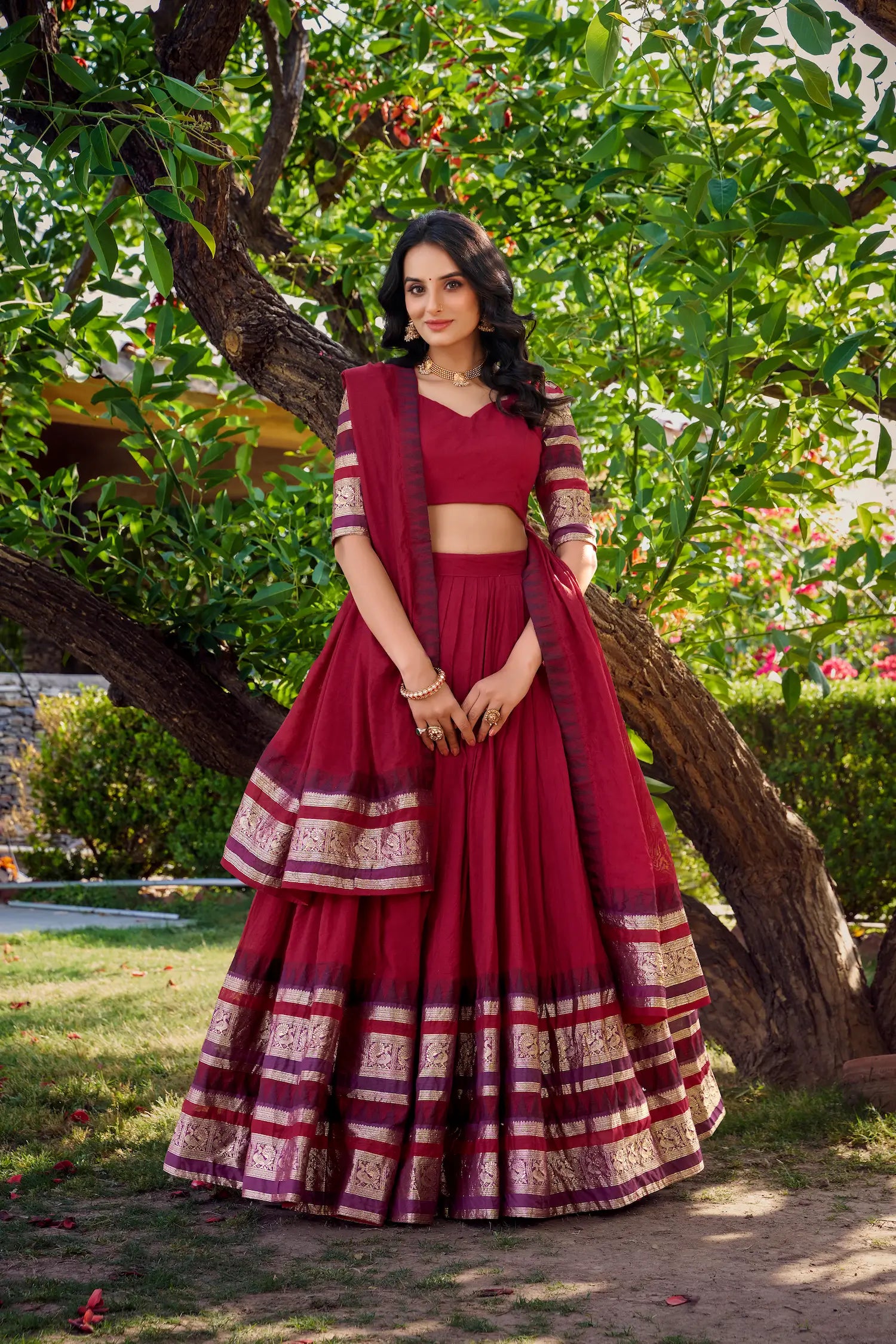 Red Chanderi Lehenga Choli With Zari Weaving Work - qivii