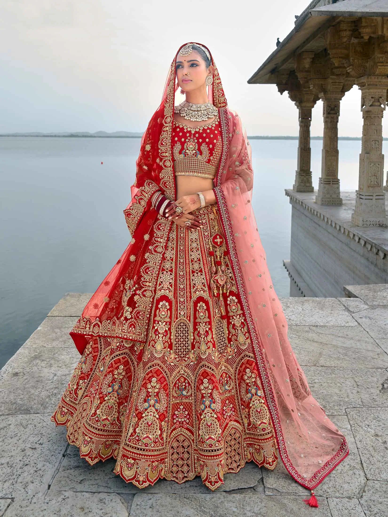 Red Designer Bridal Lehenga With Heavy Embroidery & 2 Dupatta - qivii