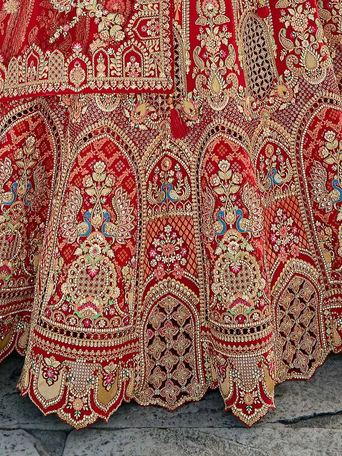 Red Designer Bridal Lehenga With Heavy Embroidery & 2 Dupatta - qivii