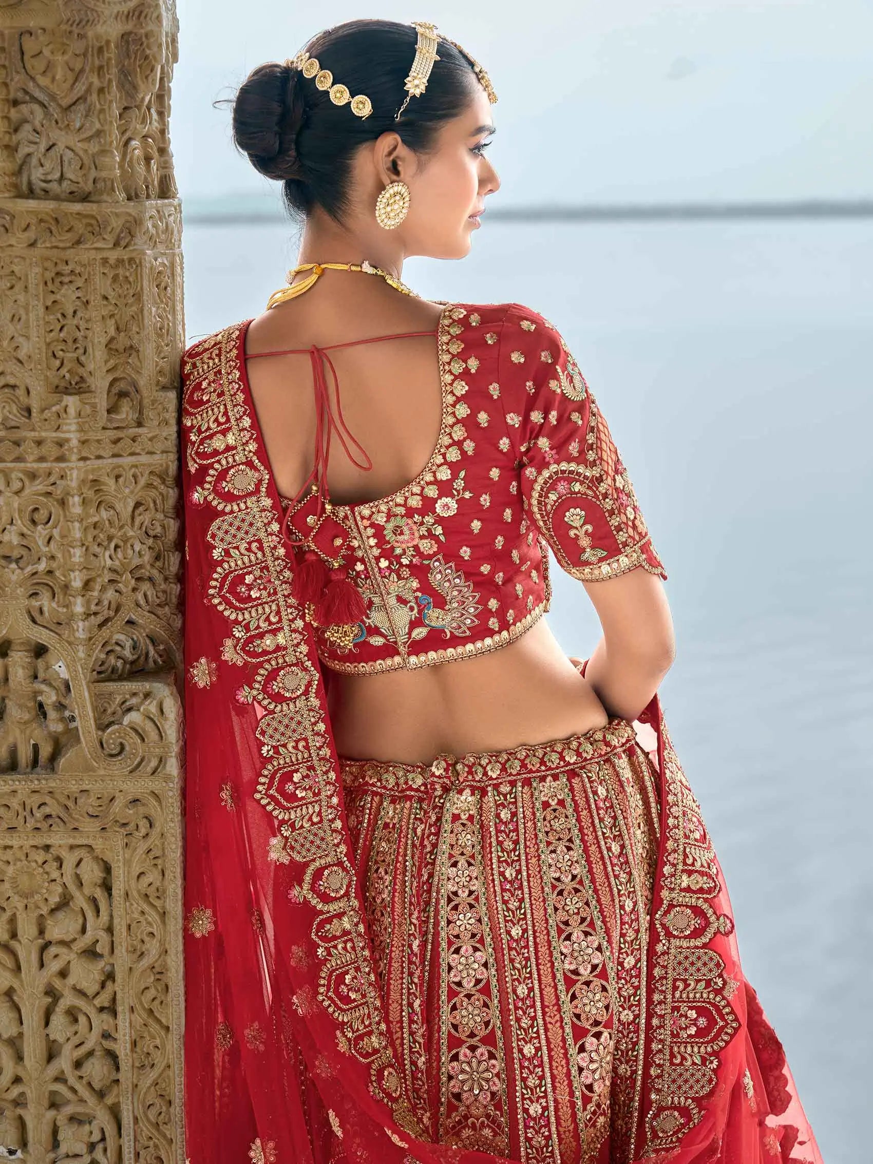 Red Designer Bridal Lehenga With Heavy Embroidery & 2 Dupatta - qivii