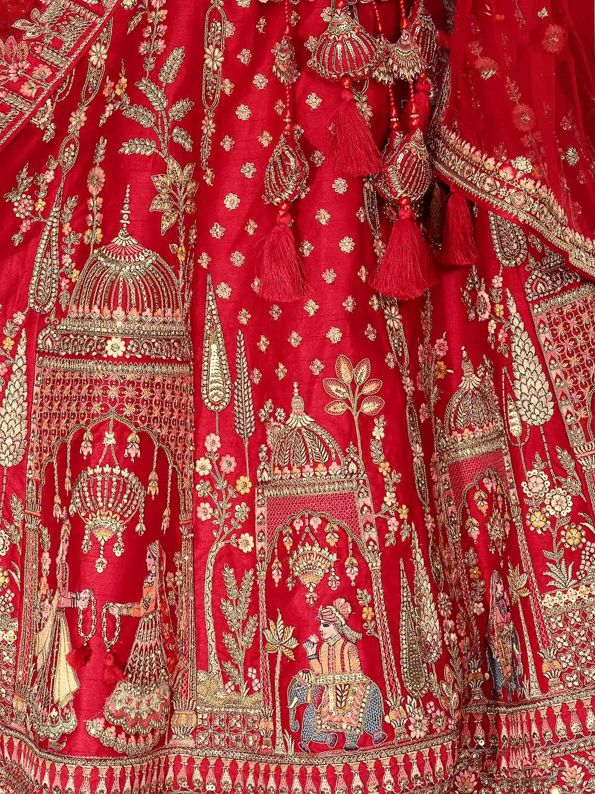 Red Khatli Embroidery Bridal Lehenga With 2 Dupatta - qivii