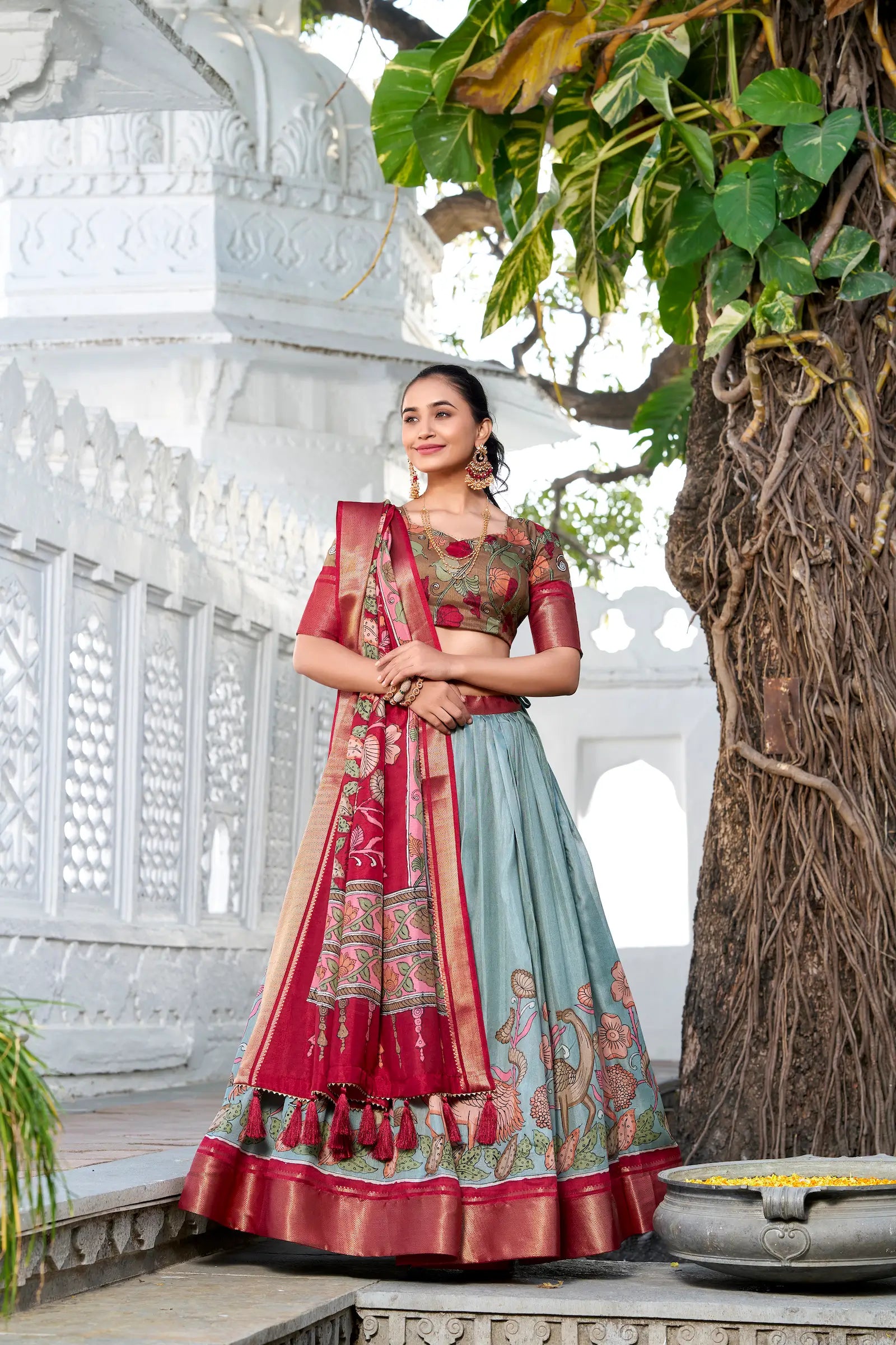 Sea Green dola Silk Kalamkari Printed Lehenga Choli | Ready To Wear - qivii