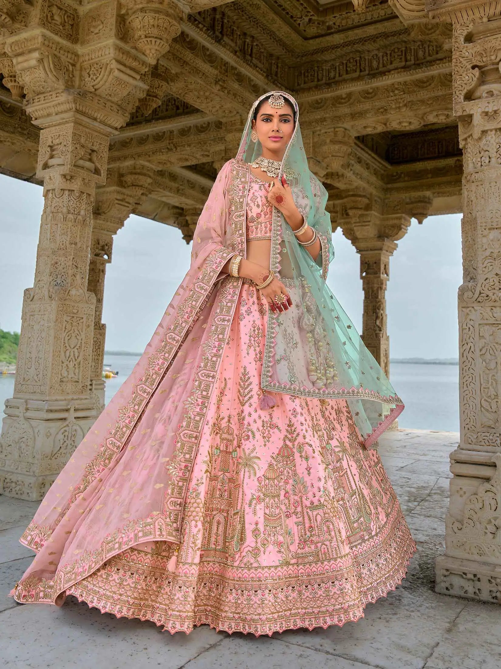 Tea Rose Designer Bridal Lehenga With Heavy Embroidery & 2 Dupatta - qivii