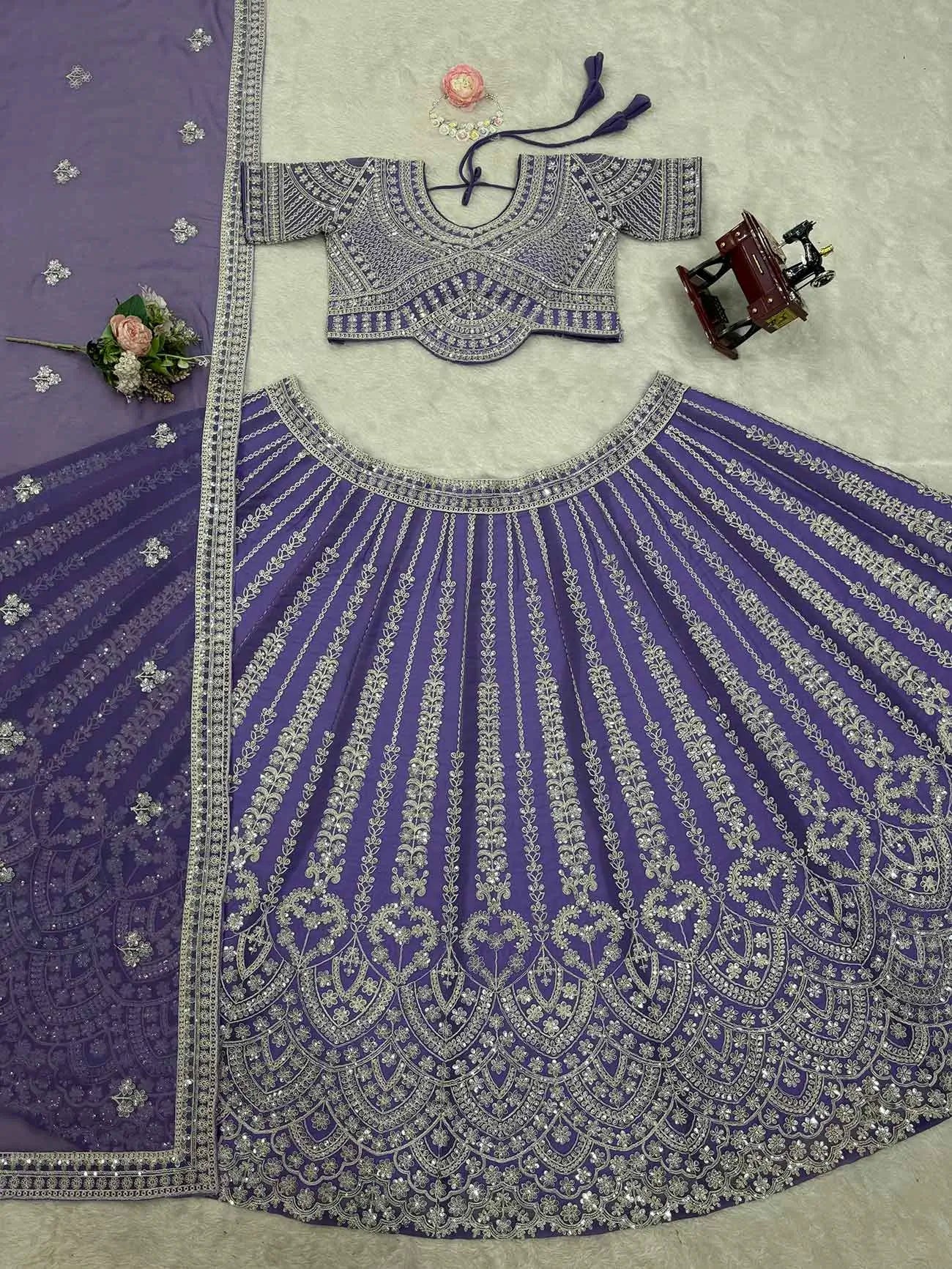 Twilight Purple Cording Embroidery Work Lehenga With Dupatta - qivii