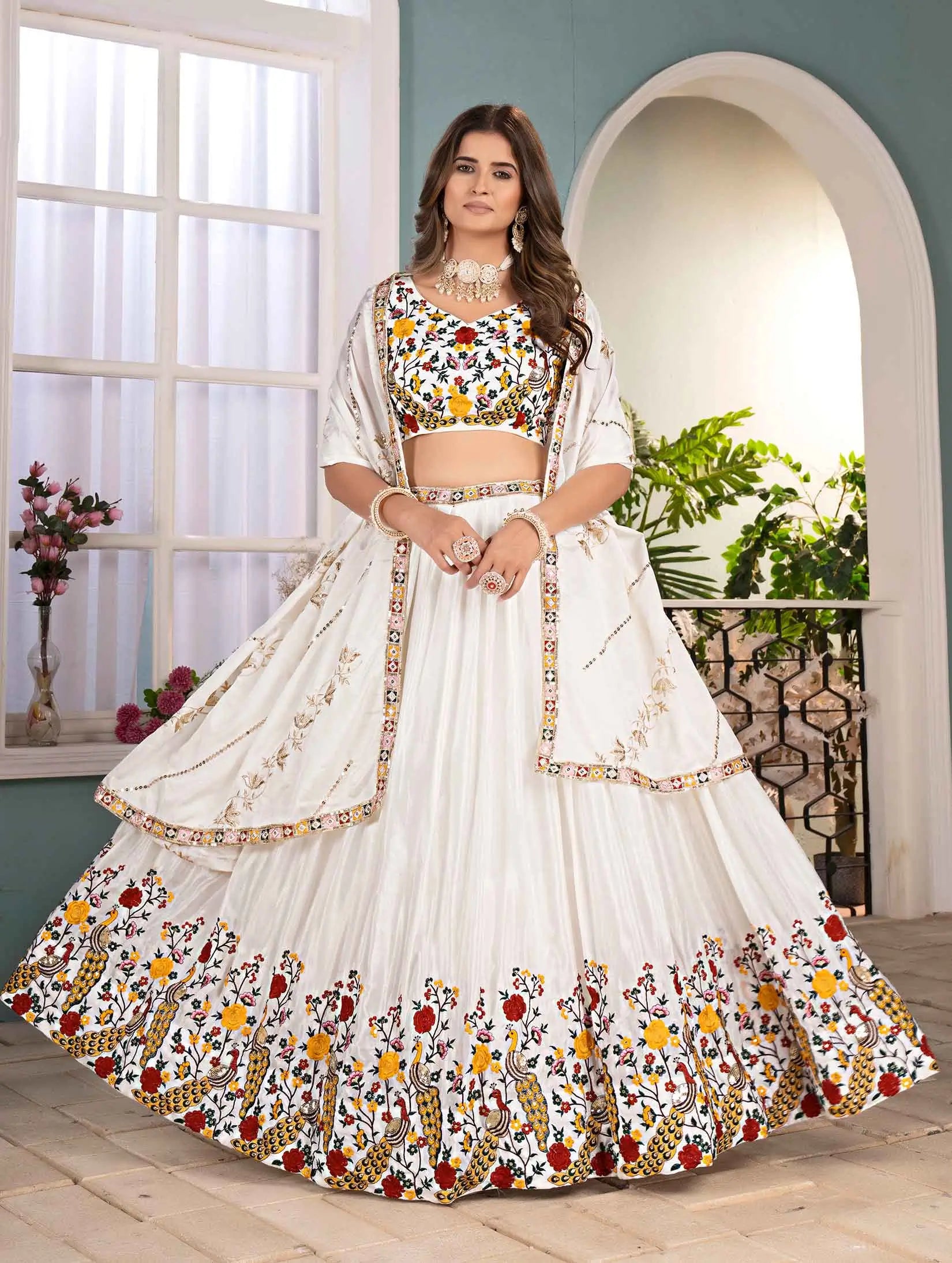 White Multi Thread Sequins Embroidery Design Work Lehenga Choli - qivii