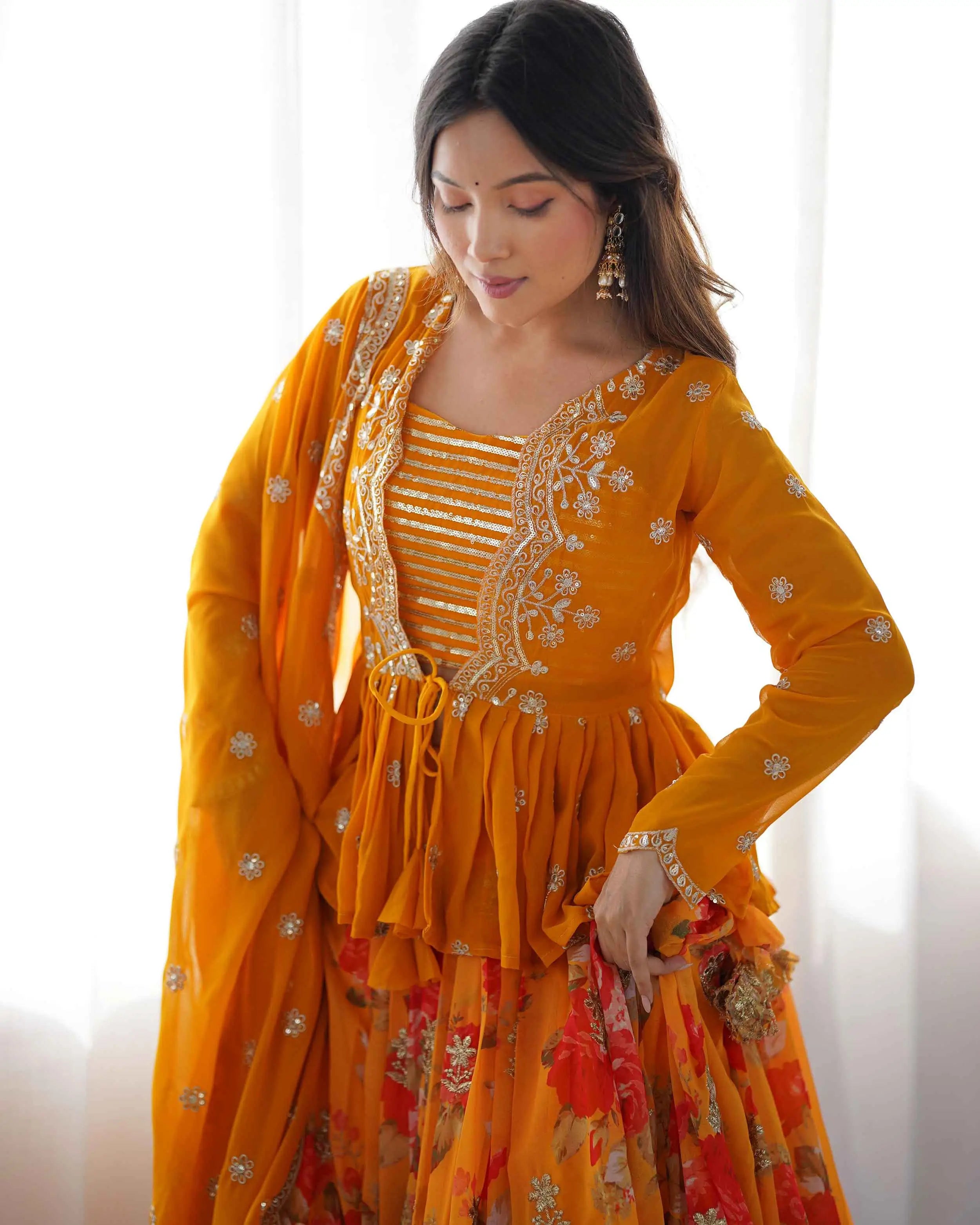 Yellowish Orange Floral print With Embroidery Work Lehenga With Koti - qivii