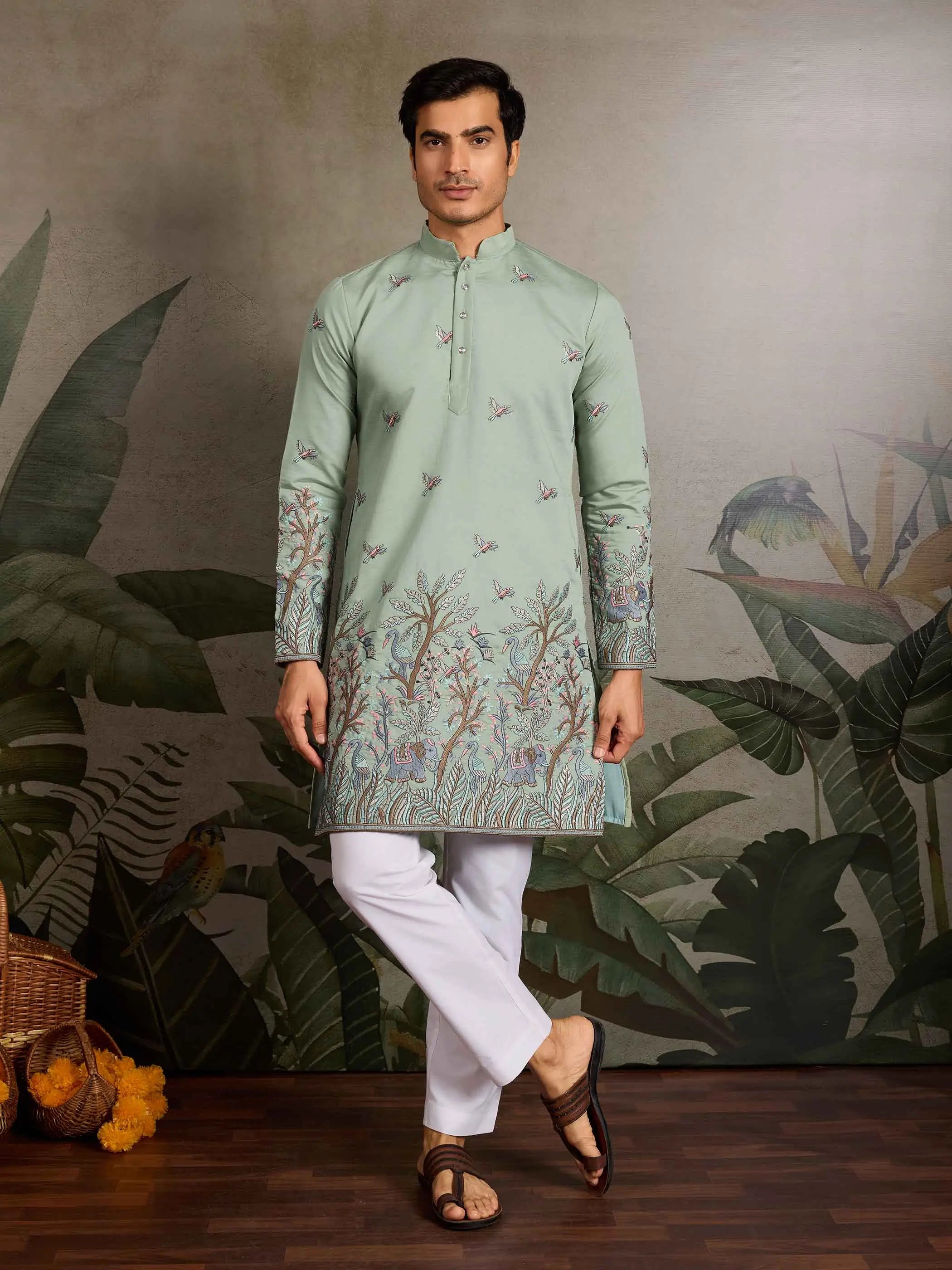 Elegant Pista Kurta Set With Elephant Embroidery Work - qivii