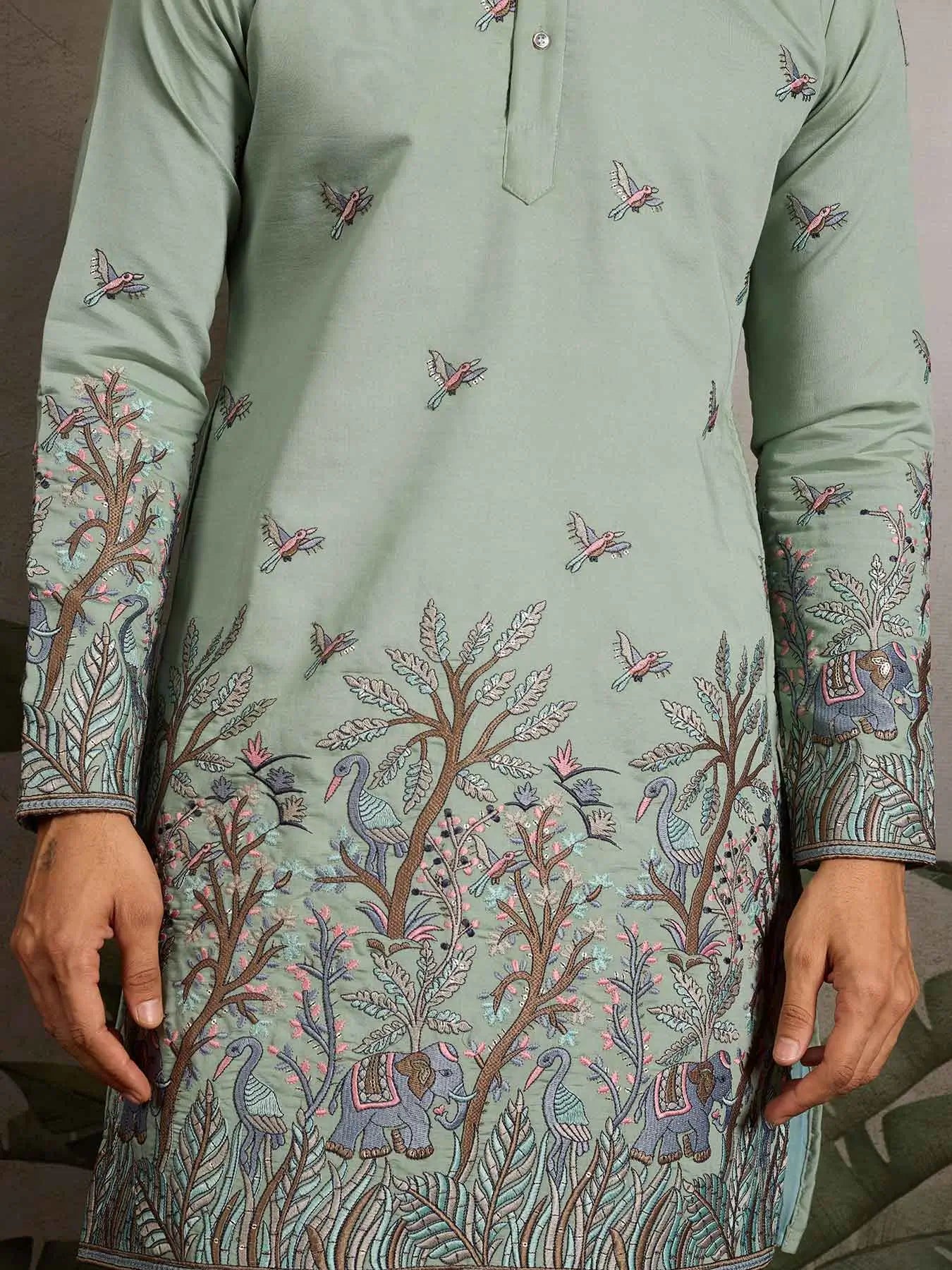 Elegant Pista Kurta Set With Elephant Embroidery Work - qivii