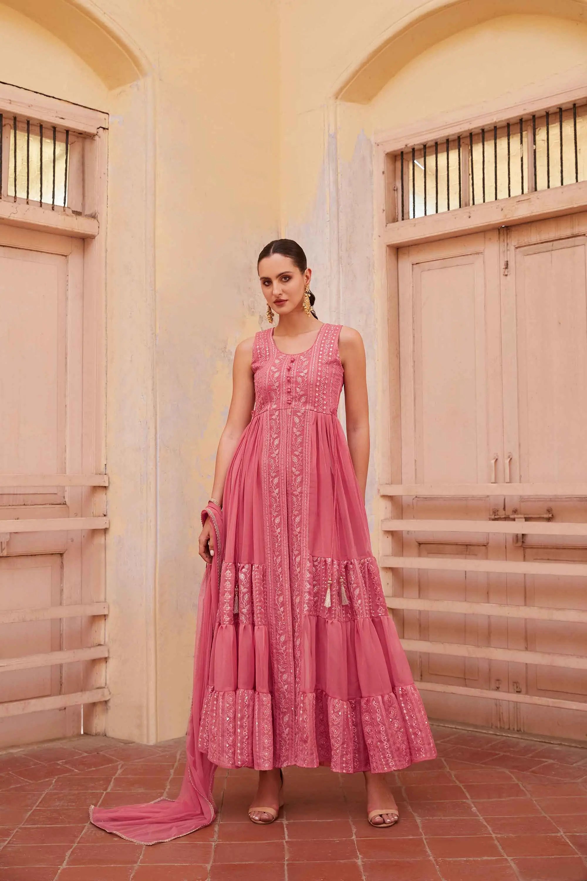 Gajri Pink Embellished With Thread Sequins Embroidery Work Indo Western With Dupatta - qivii