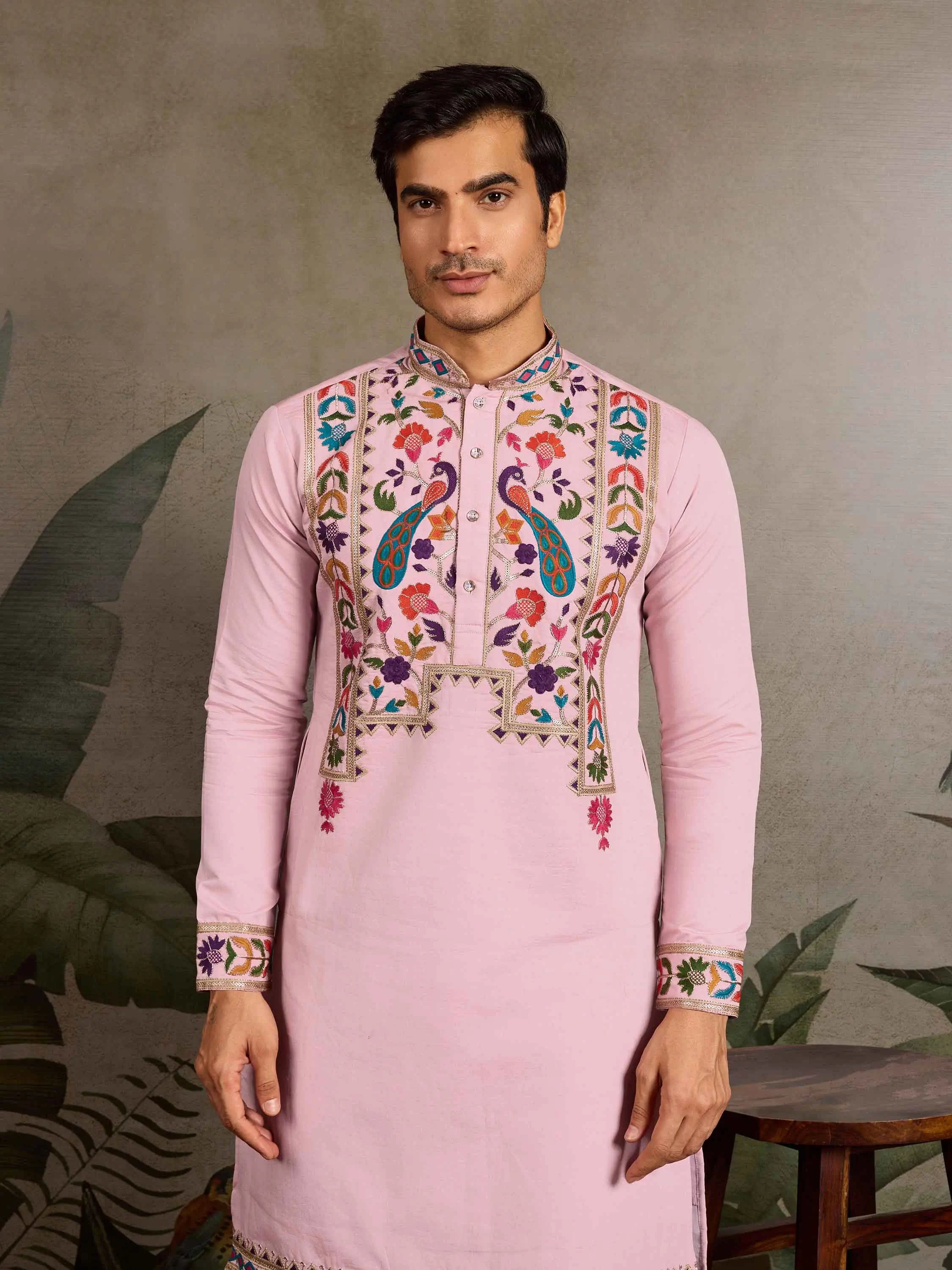 Light Pink Multi Thread Sequins Embroidery Work Festive Wear Kurta Set - qivii