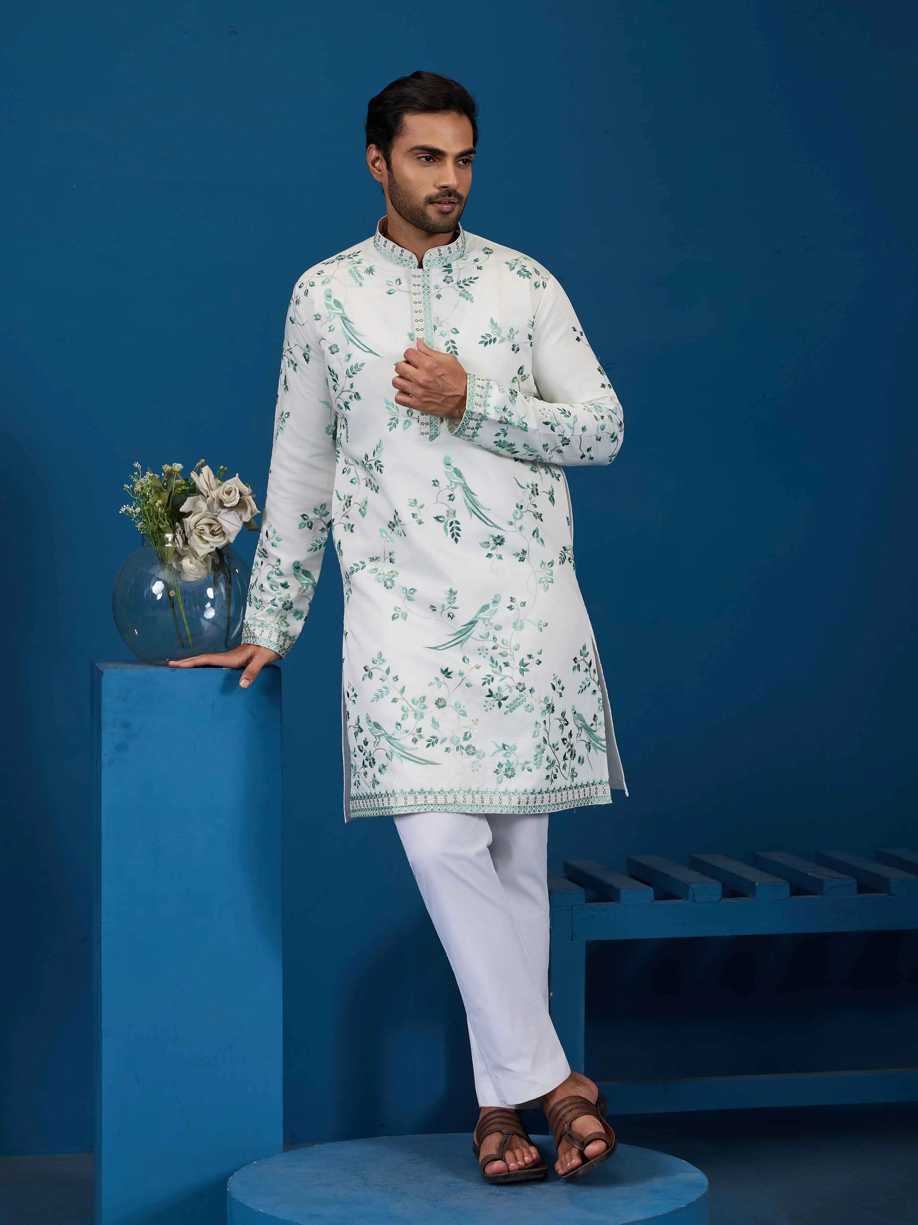 White Embroidery Work Kurta Set