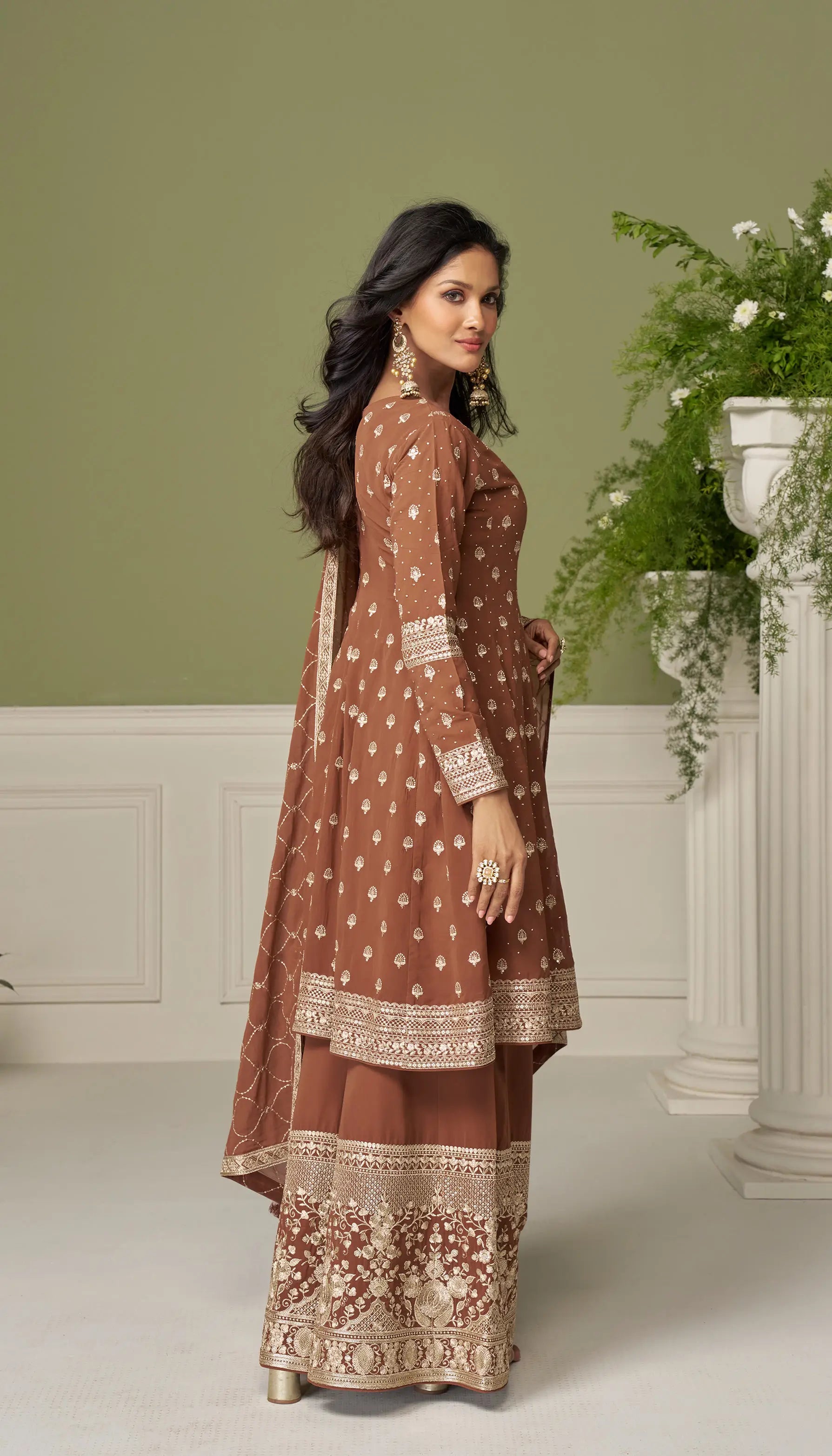 Coffee Brown Hand-Embroidered Salwar Palazzo Set