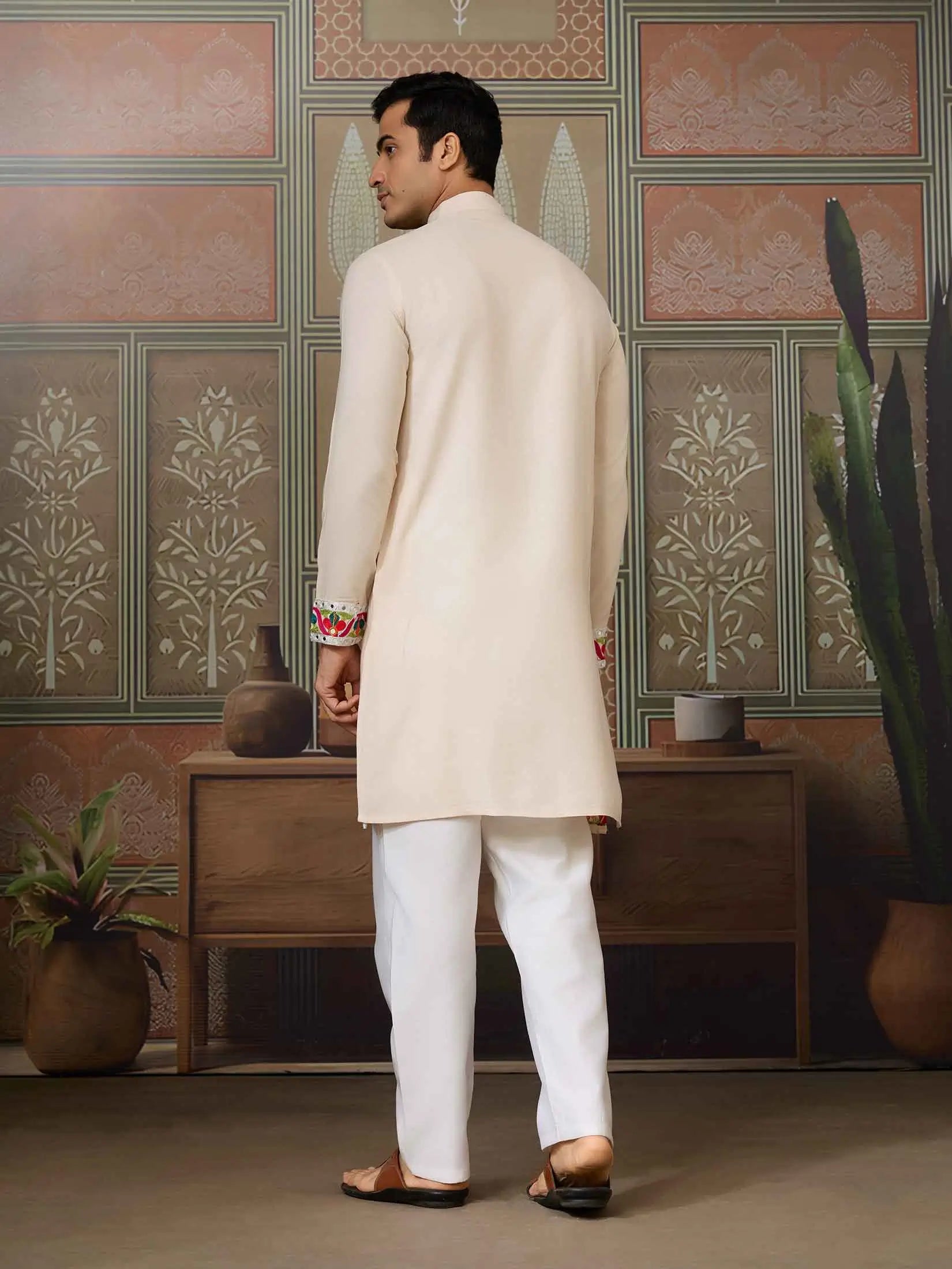 Cream Navratri Kurta Set Multi Thread And Real Mirror Work