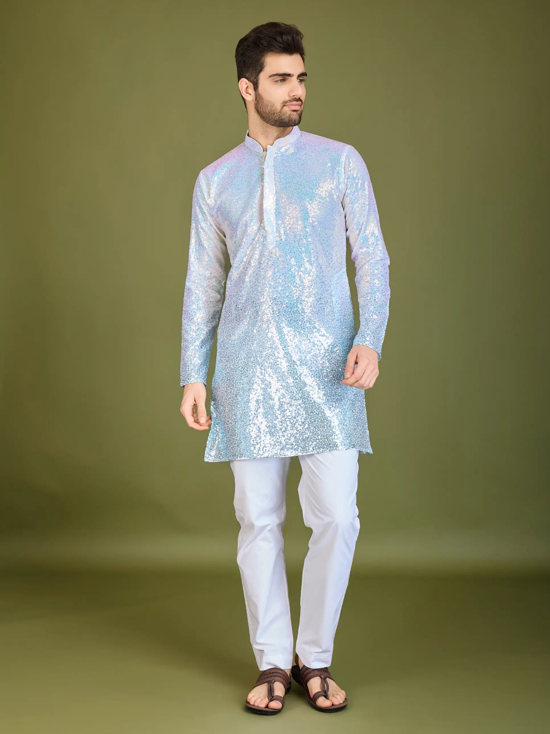Ombre Blue Georgette Kurta With Thread & Sequins Embroidered Work