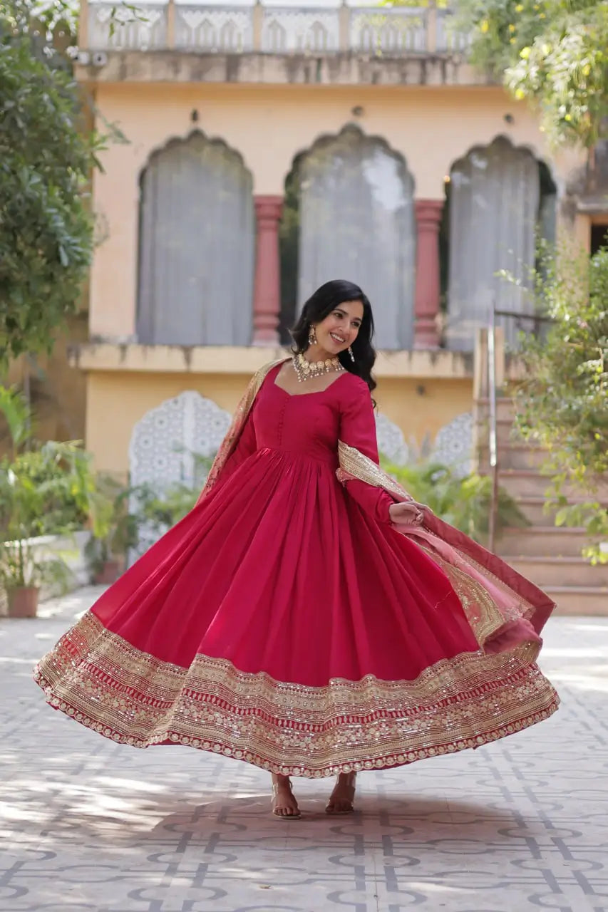 Pink Shimmer Vichitra Rich Sequins Embroidered Gown With Heavy Dupatta