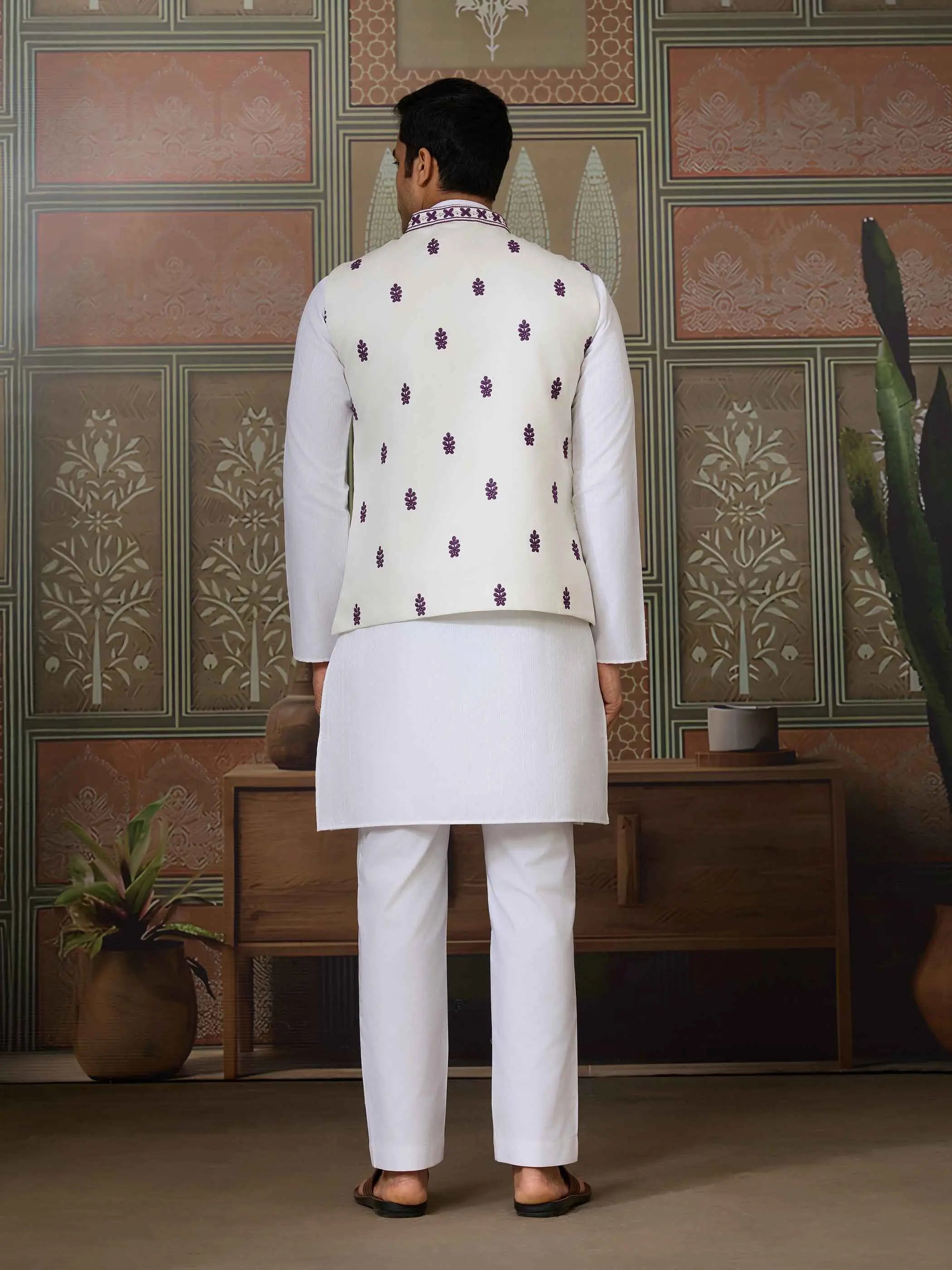 Purple Silk Kurta Set With Embroidery & Mirror Work Koti