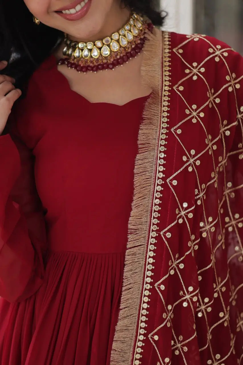 Red Sequins Embroidery Work Gown With Heavy Dupatta