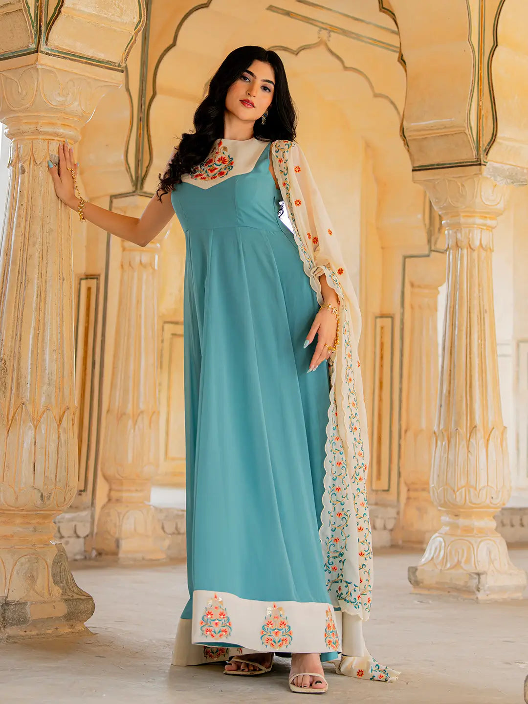 Smalt Blue Sequins Embroidery Georgette Gown