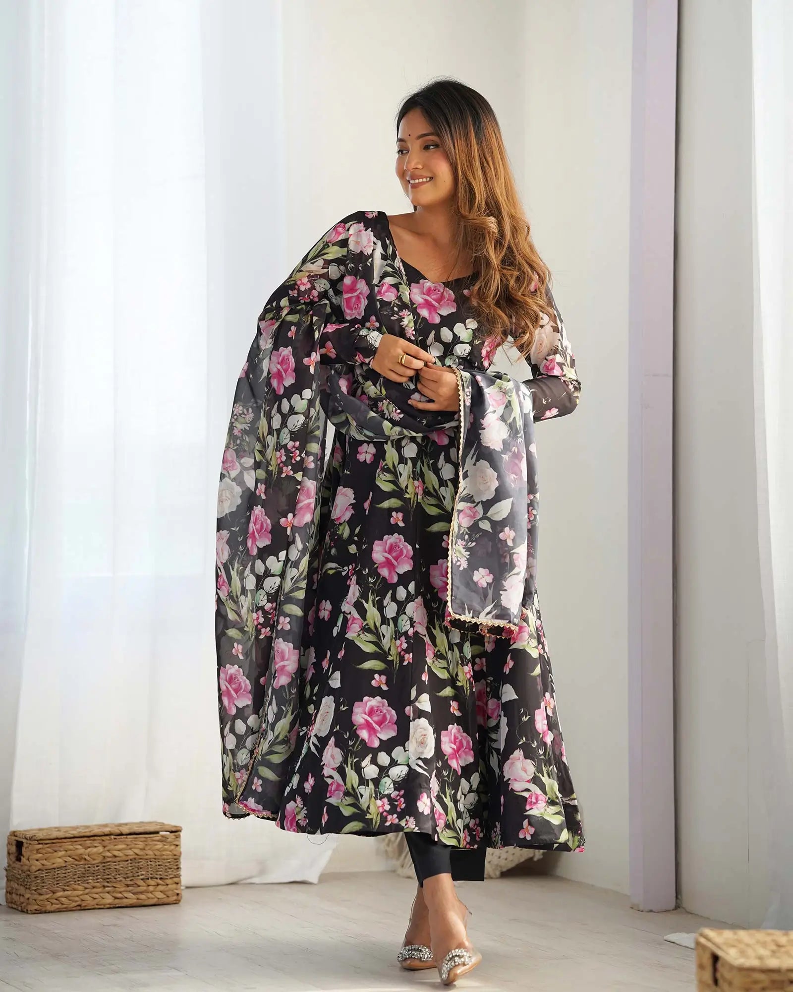 Black Floral Print Organza Gown For Summer