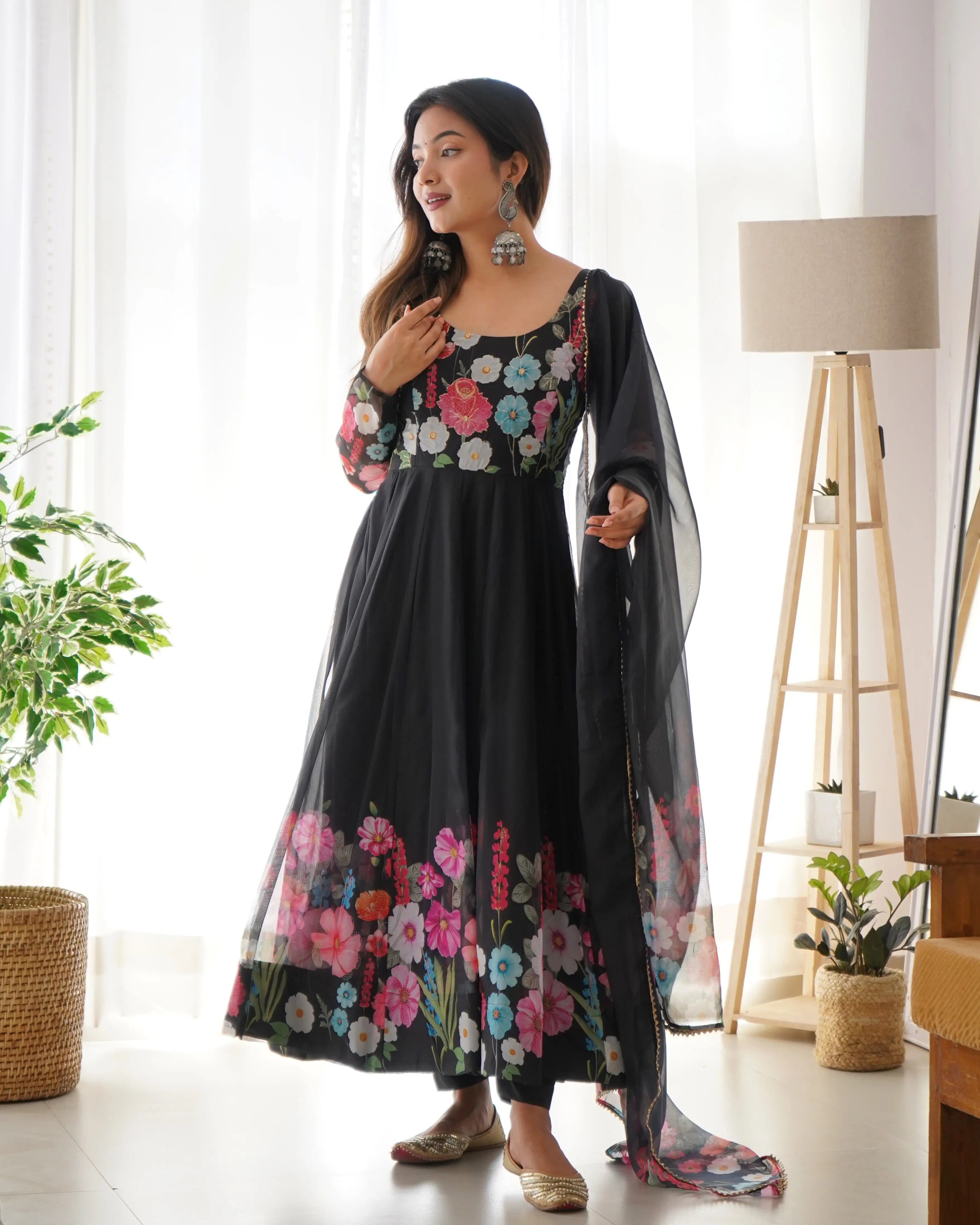 Black With Multi Color Floral Print  Organza Gown With Dupatta