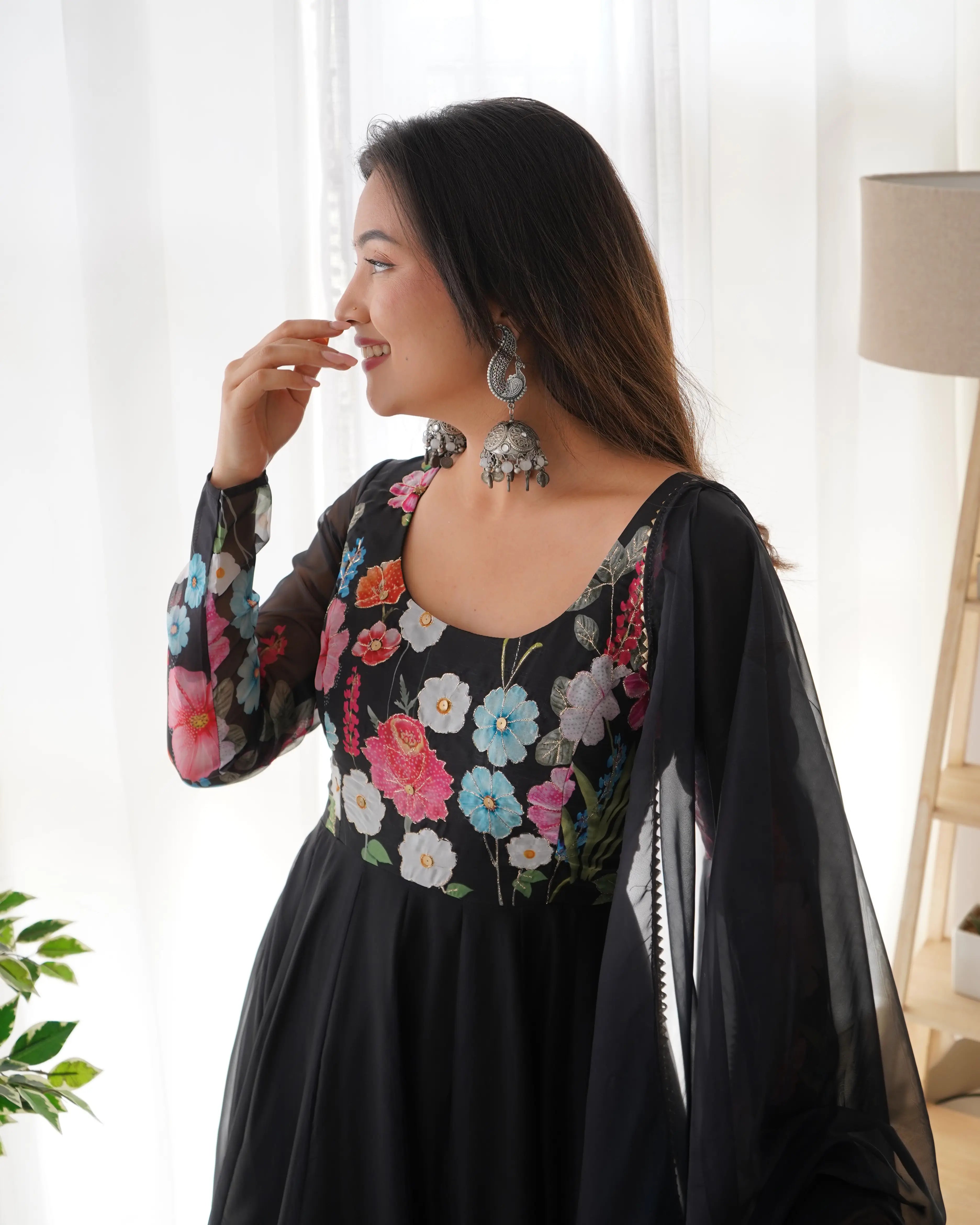 Black With Multi Color Floral Print  Organza Gown With Dupatta