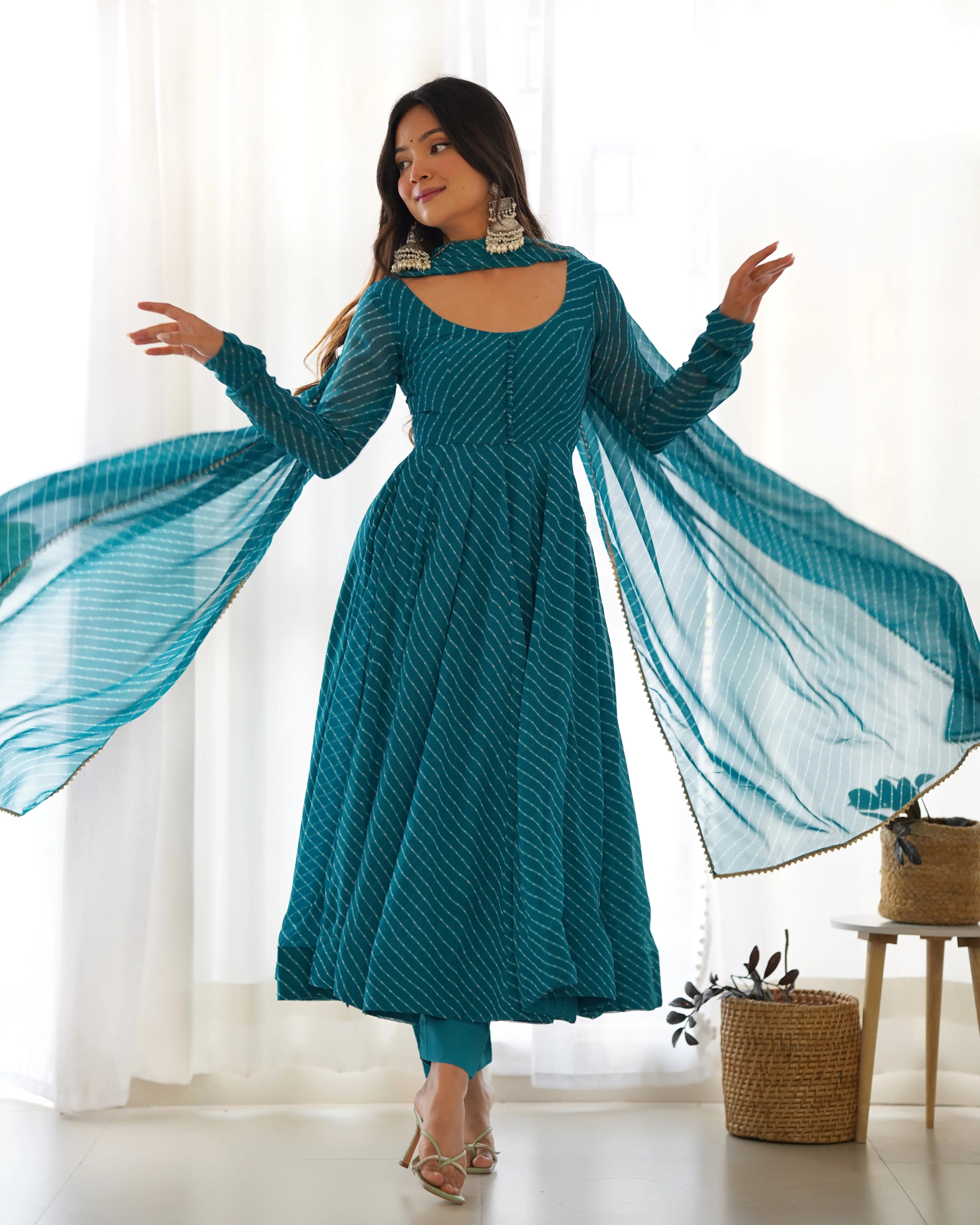Bottle Green Laheriya Print Georgette Anarkali Gown With Dupatta