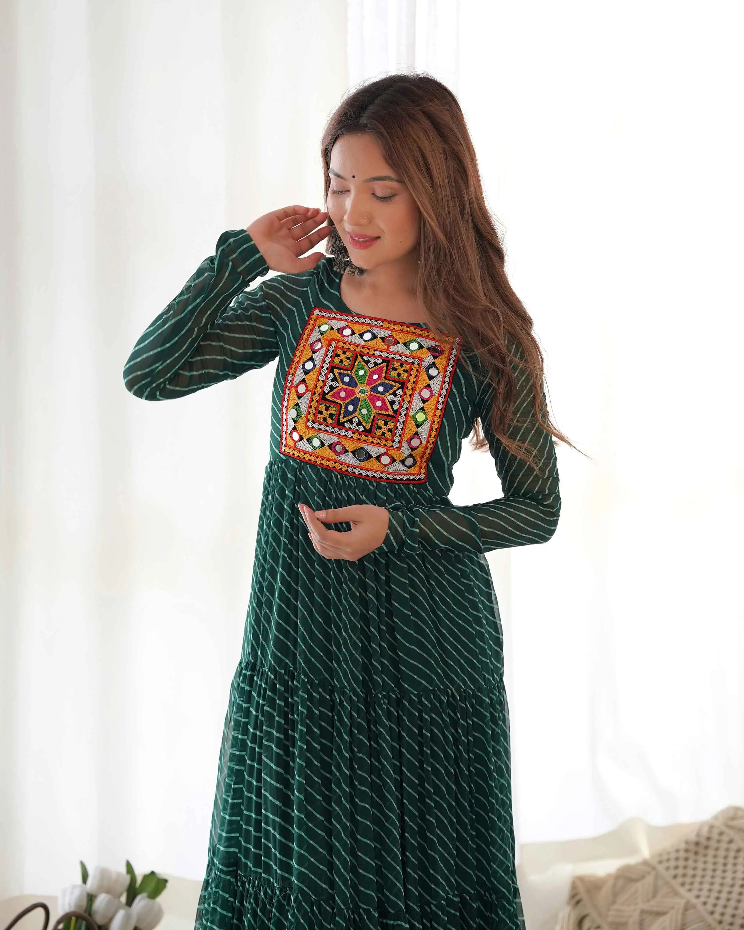 Dark Green Laheriya Print With Gamthi Patch Work Navratri Gown