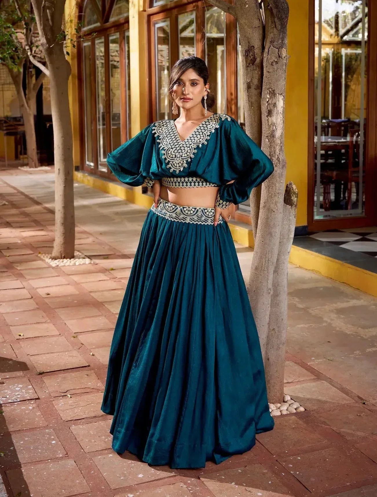 Dark Teal Vichitra Silk Embroidery Crop Top Lehenga