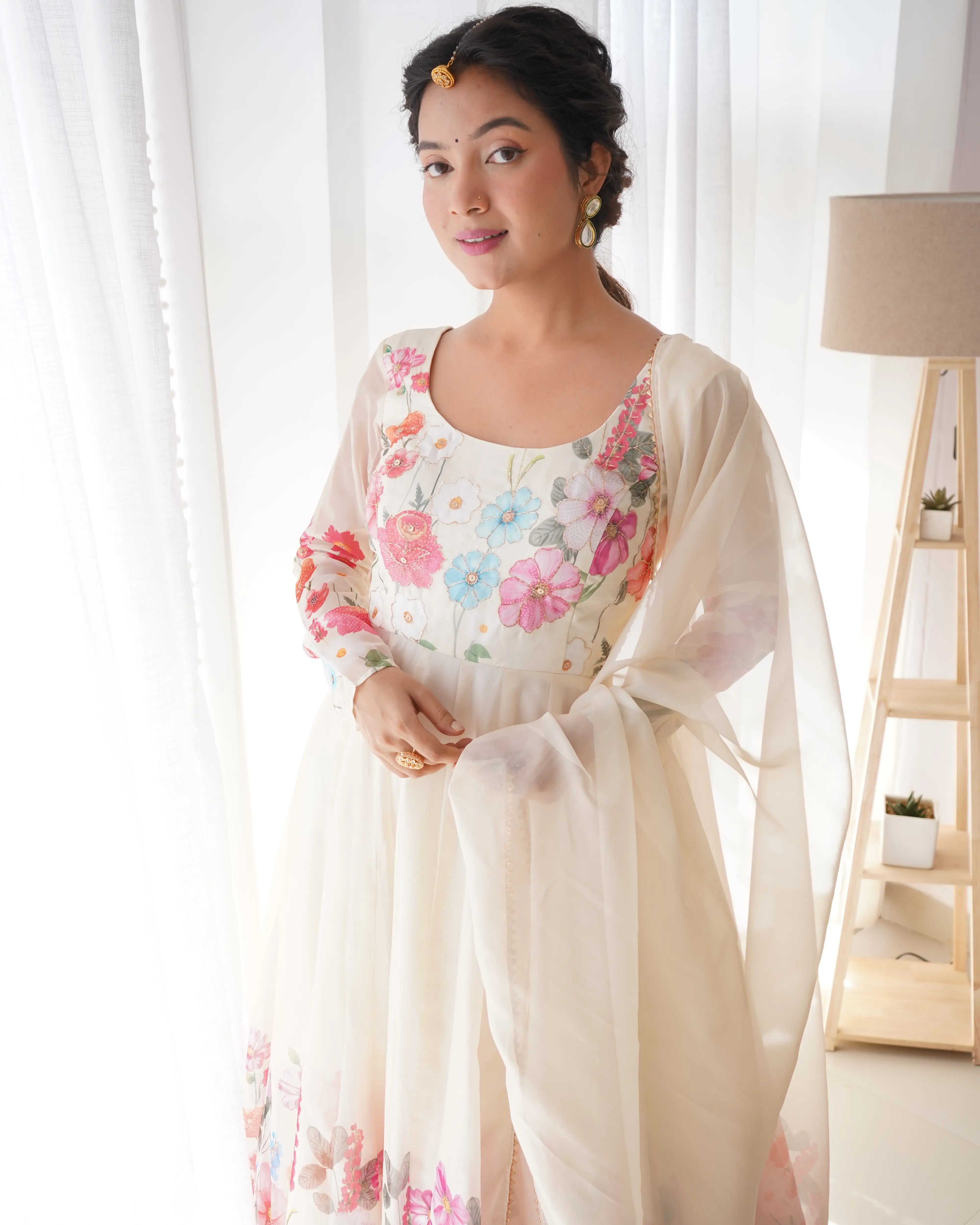 Off White Organza Multi Color Floral Print Gown With Dupatta