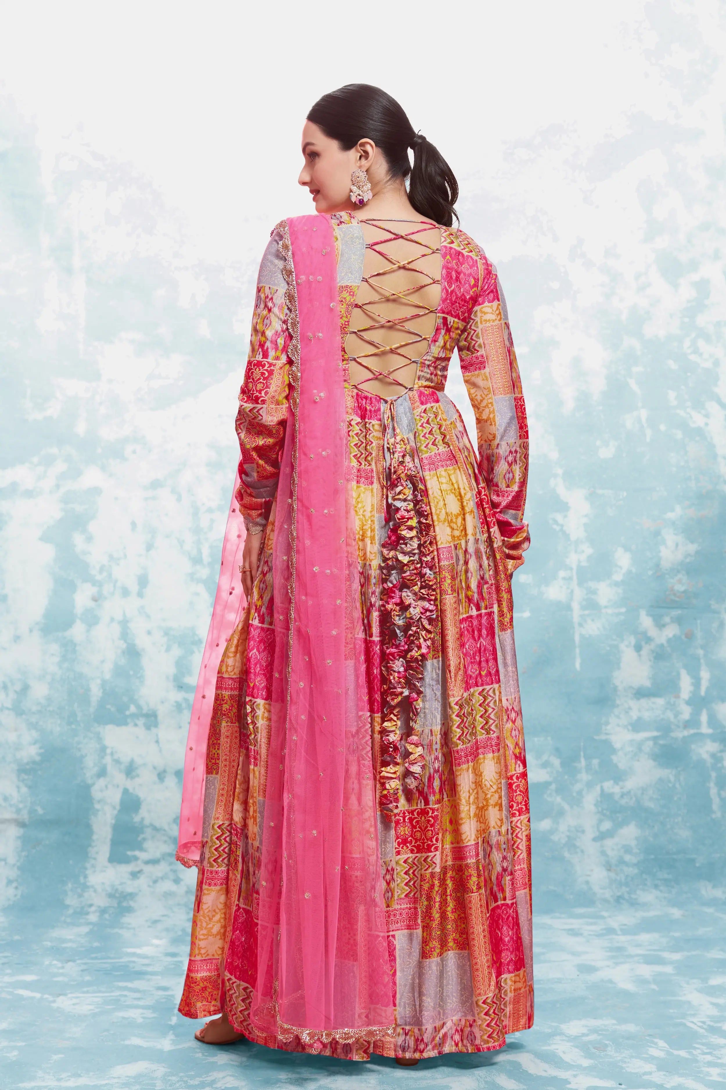 Pink And Yellow Printed Gown With Dupatta
