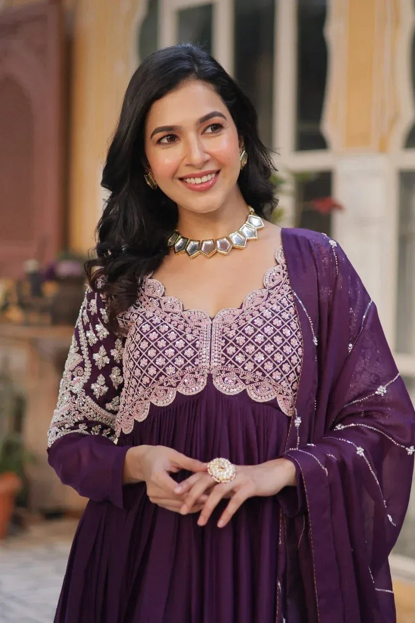 Plum Purple Embroidery Beads Sequins Work Georgette Gown With Dupatta