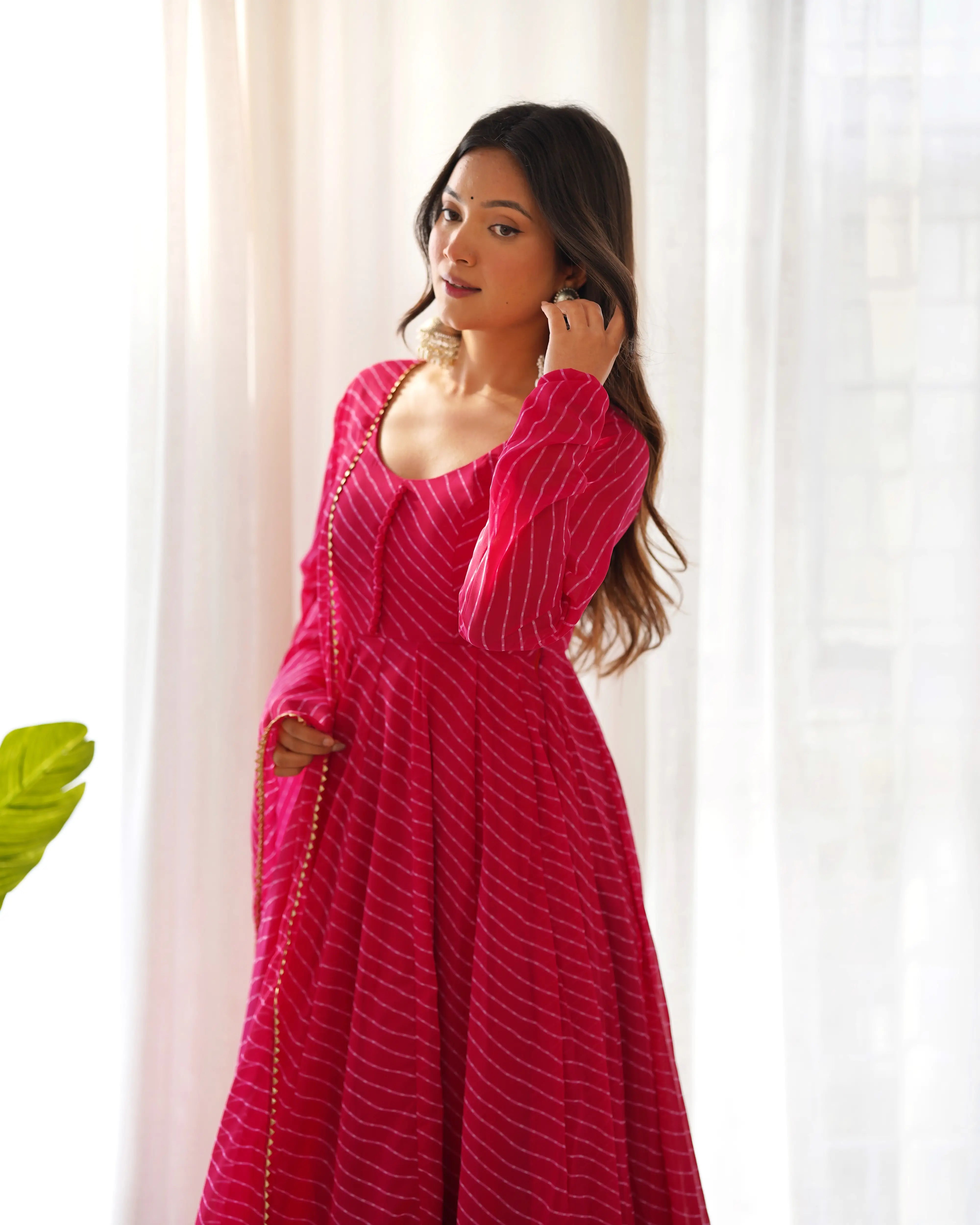Rani Pink Laheriya Print Georgette Anarkali Gown With Dupatta