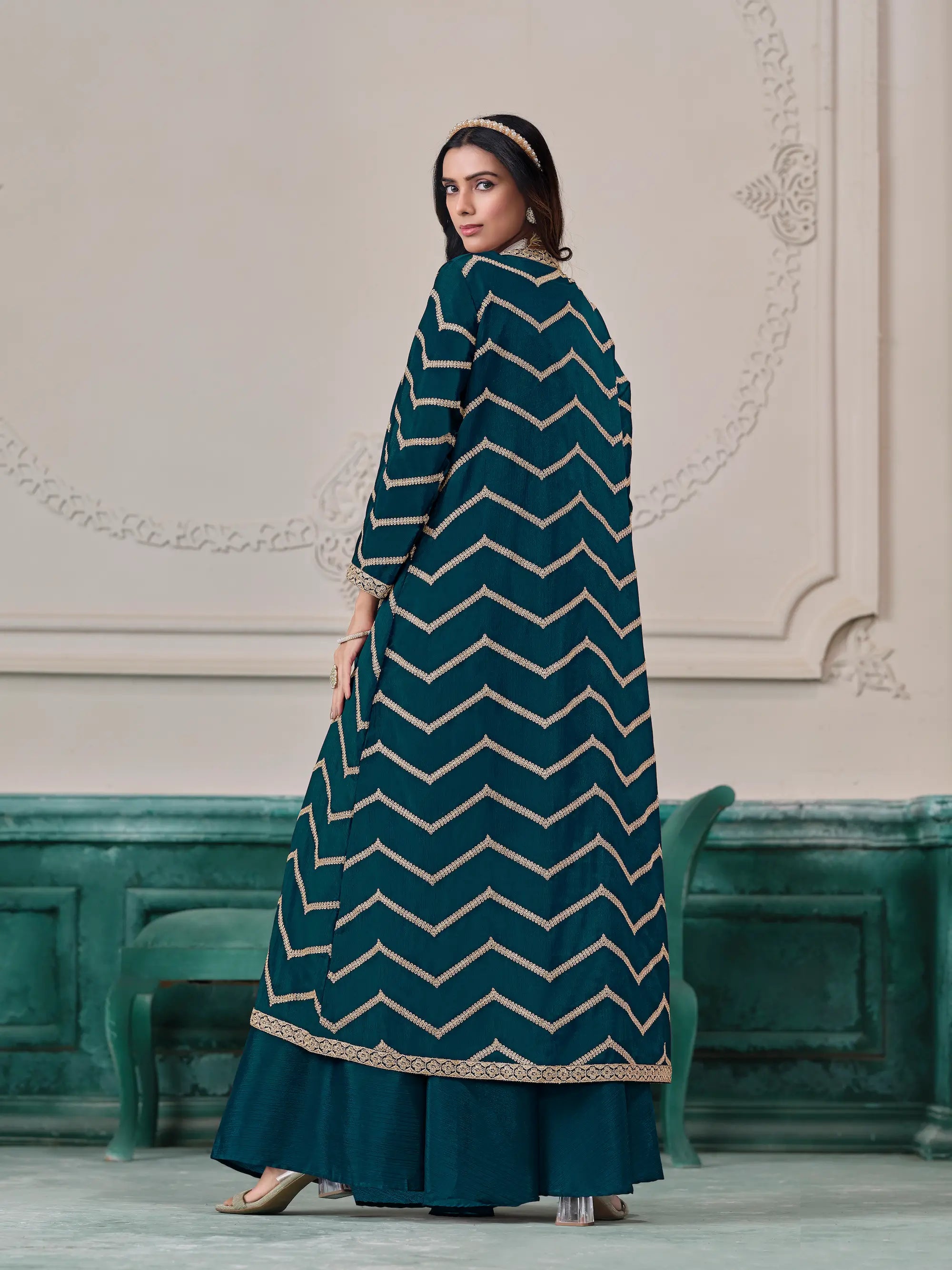 Teal Blue Chinon Indo-Western Set With Embroidery Workv