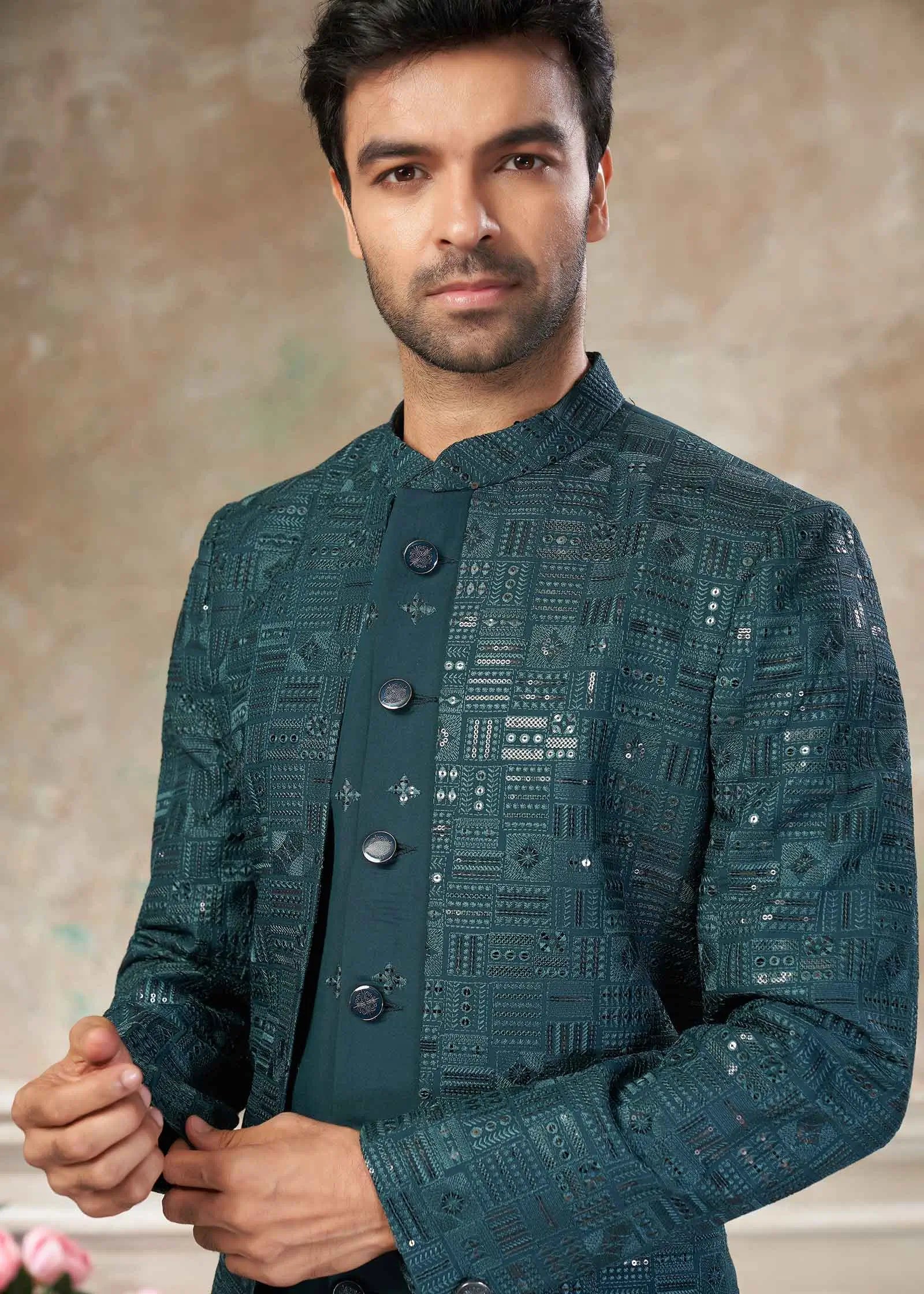 Teal Blue Sequins Embroidery Work Indo Western