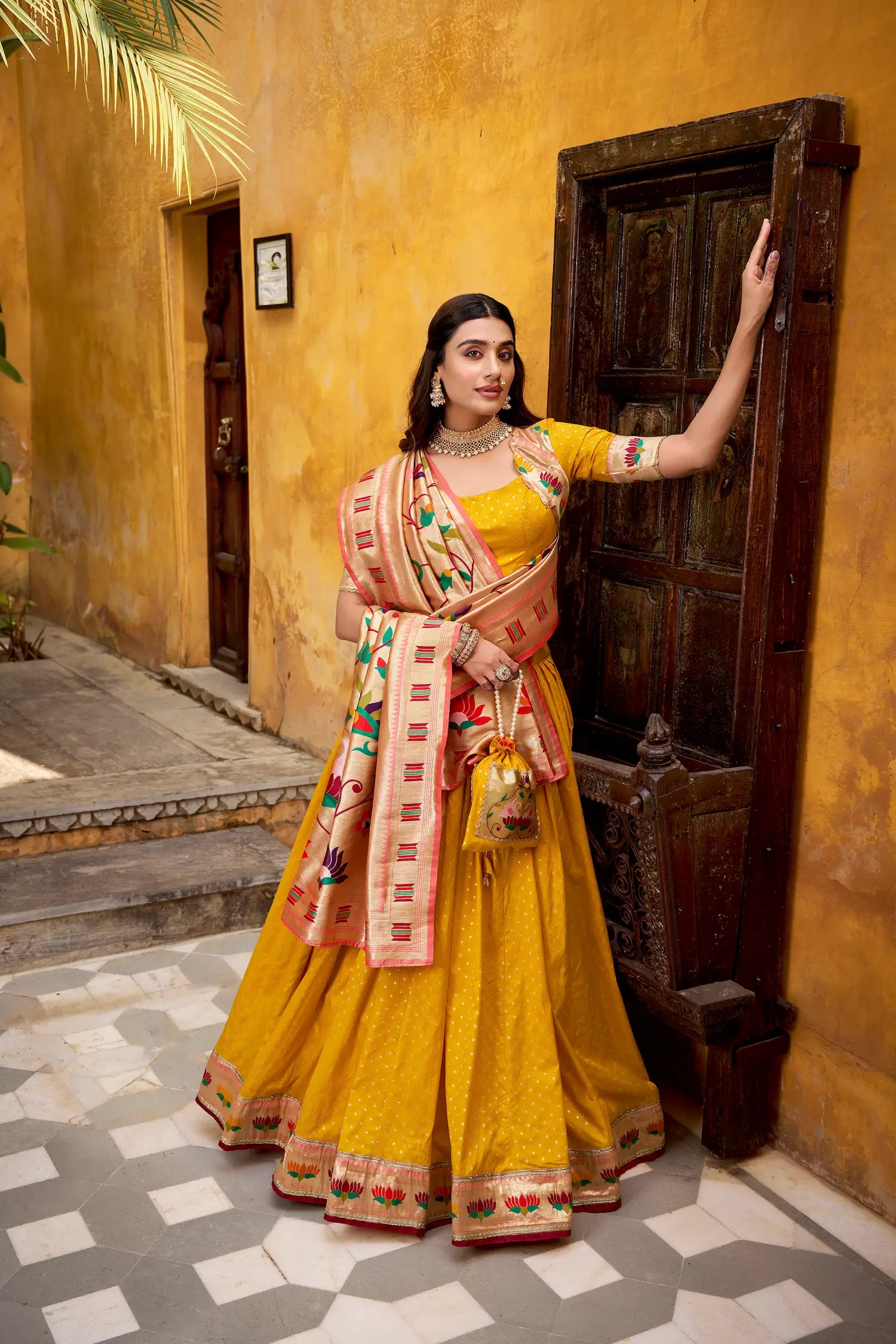 Bee Yellow Zari Weaving Paithani Lehenga Choli