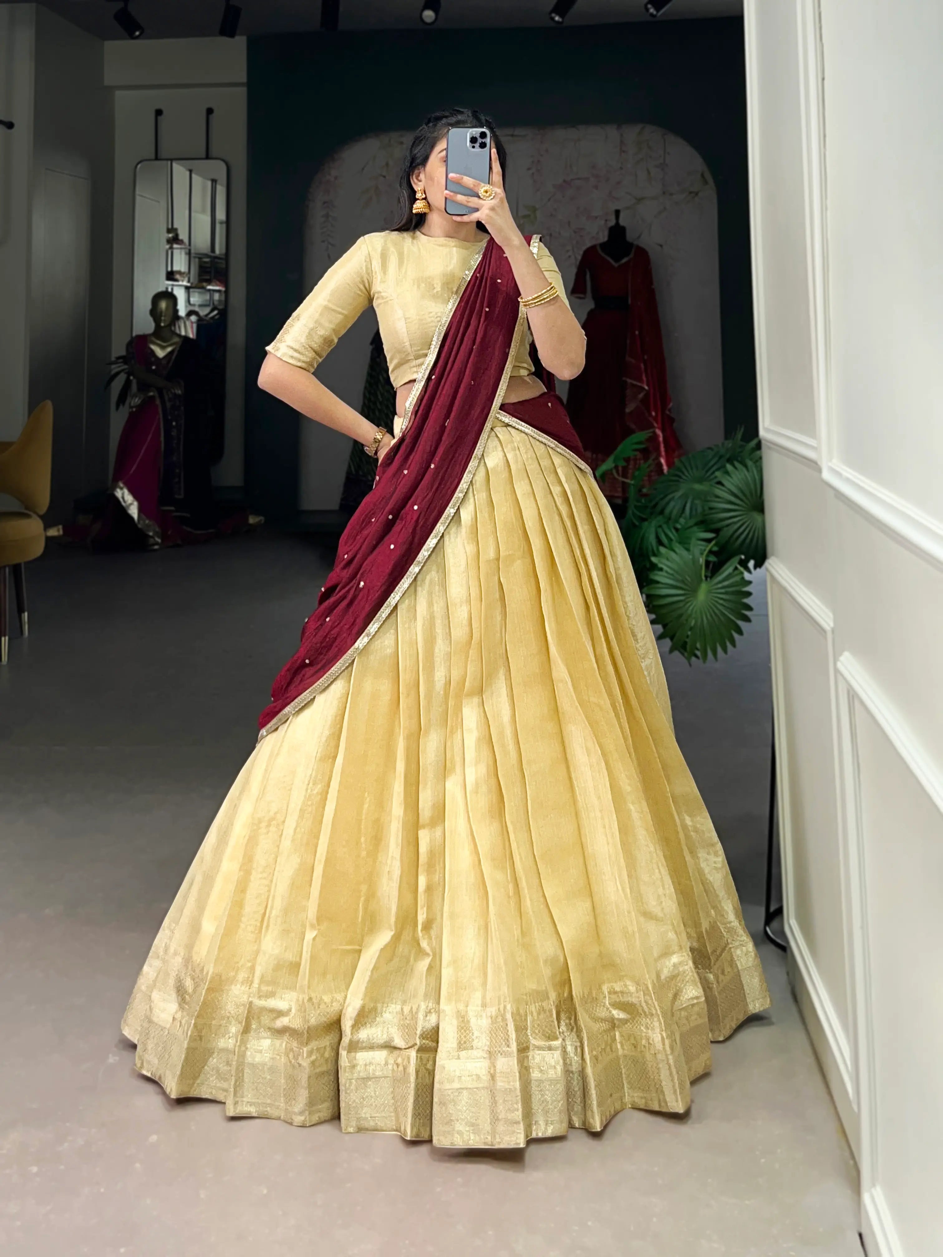 Beige Kanchipuram Zari Weaving Work Lehenga Choli