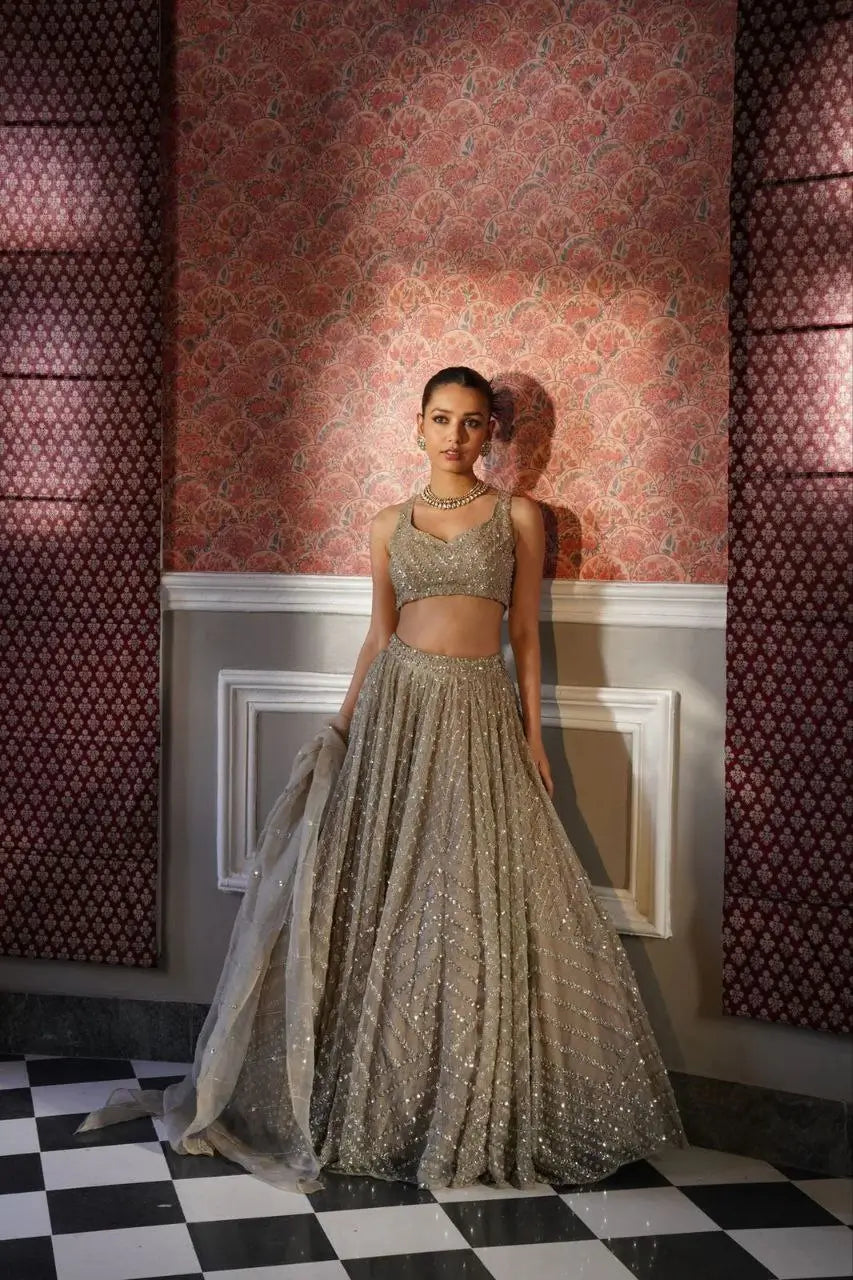 Beige Organza Lehenga With Zari Thread Heavy Sequins Embroidery Work