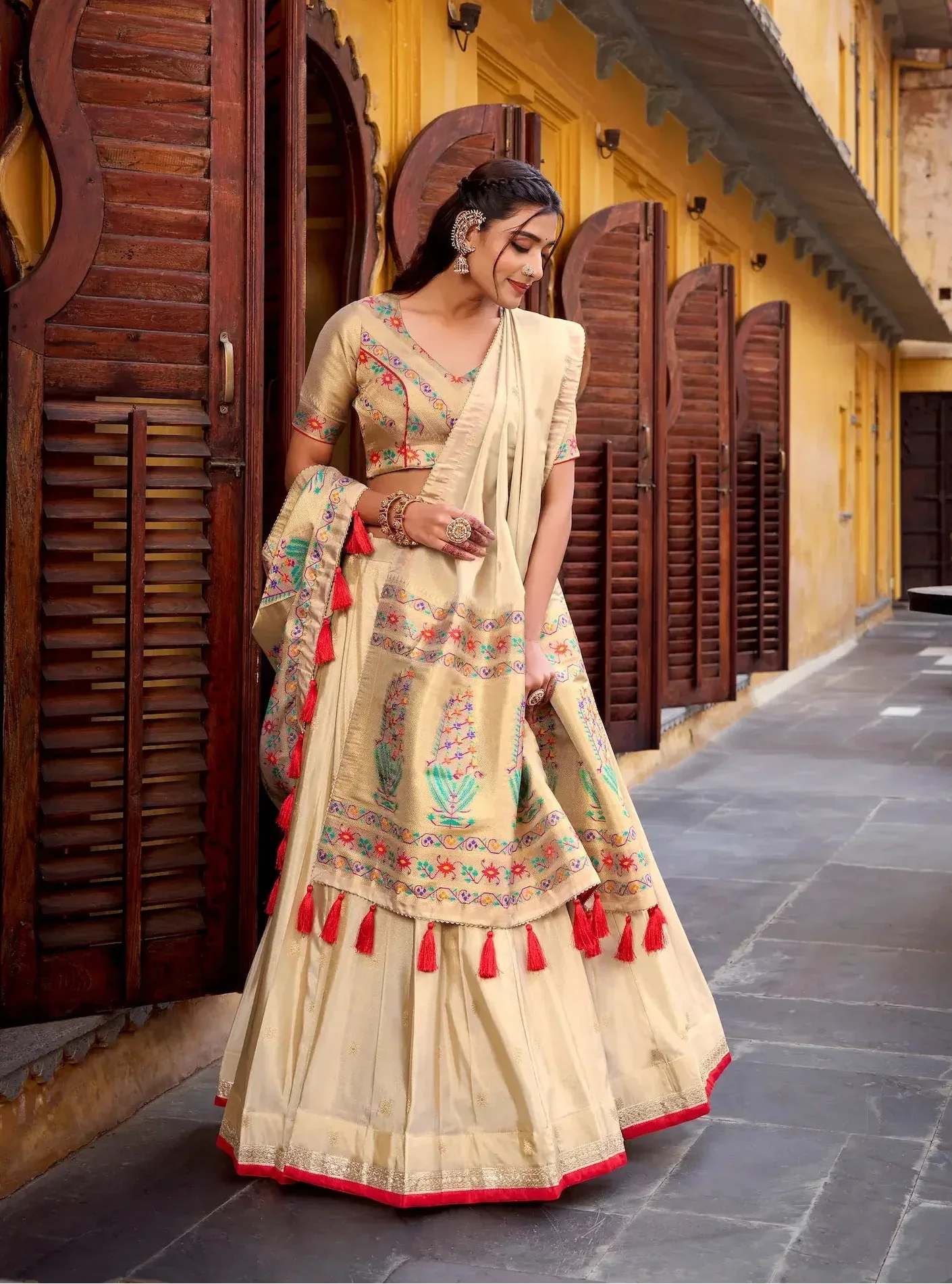 Beige-Red Shimmer Paithani Lehenga Choli