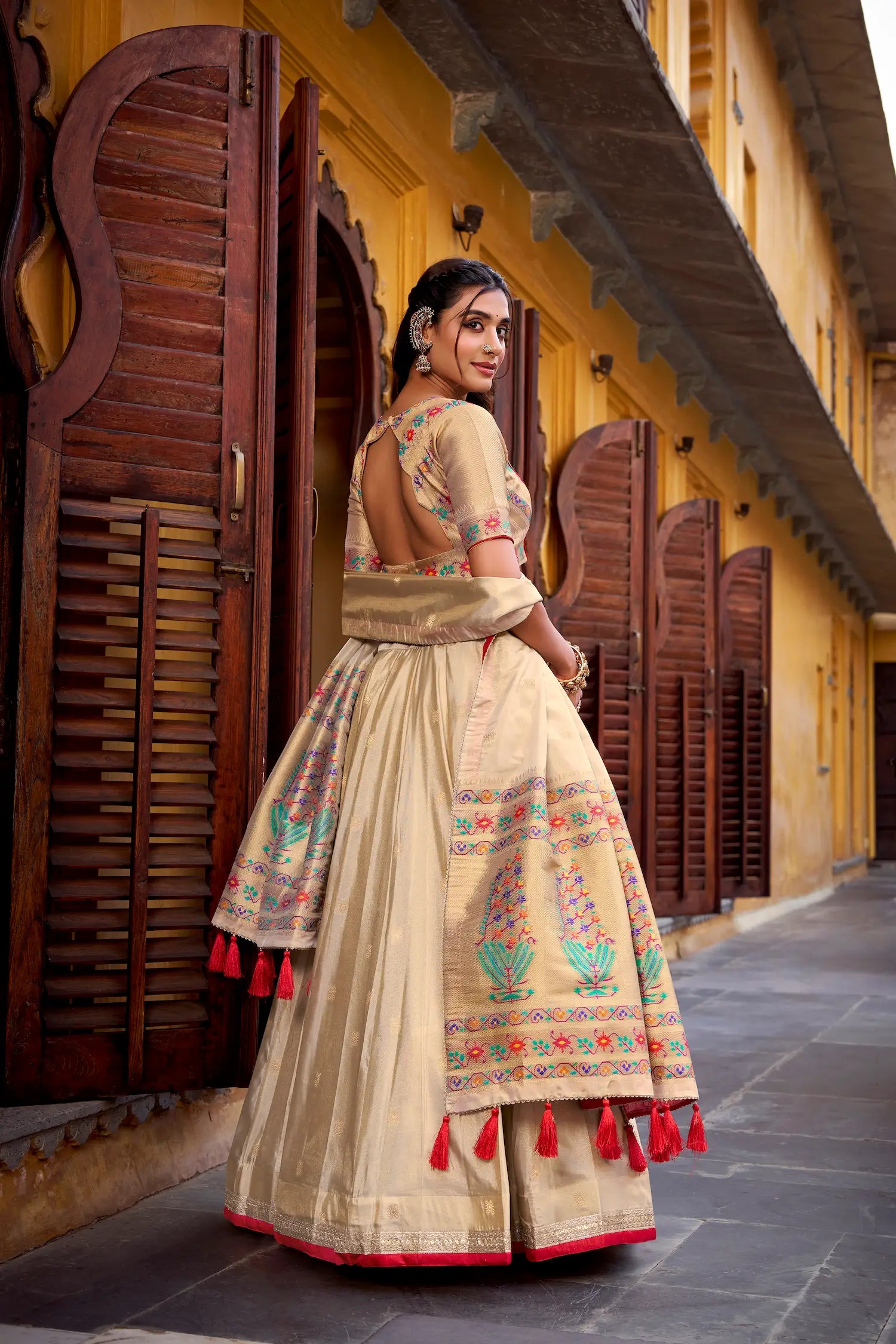 Beige-Red Shimmer Paithani Lehenga Choli