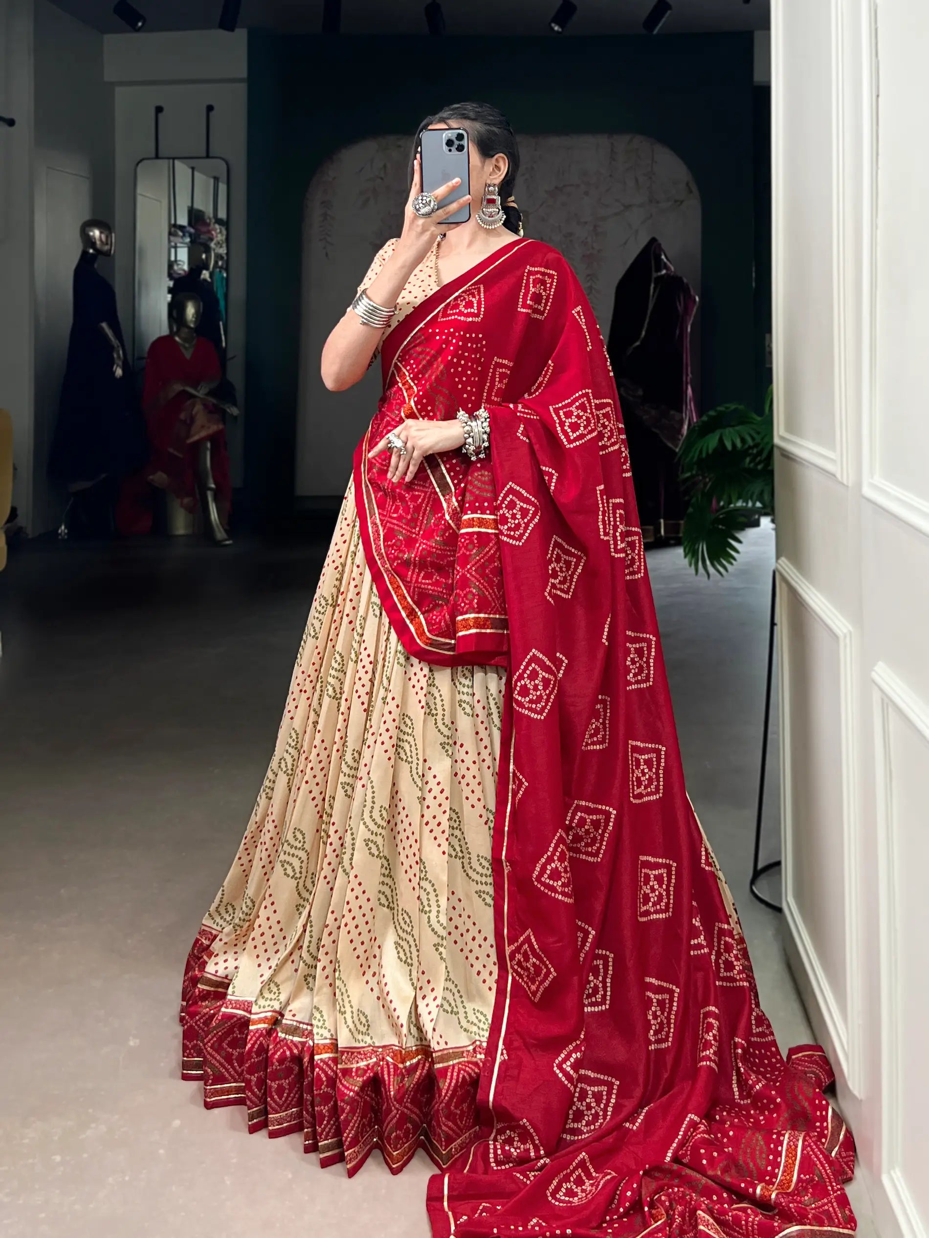 Beige Tasar Silk Lehenga Choli With Bandhej Print & Lace Touch Up