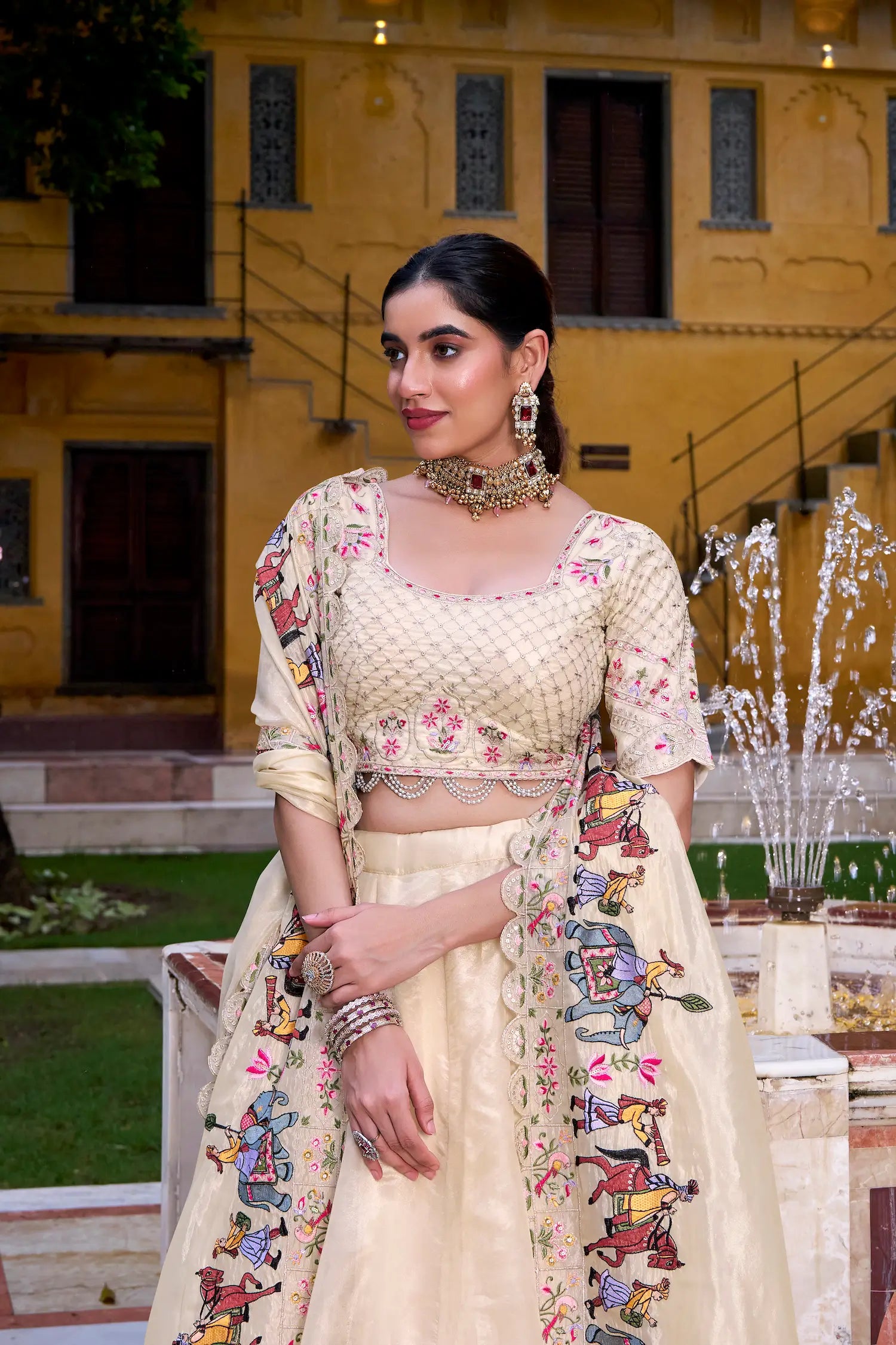 Beige Thread & Sequins Embroidery Silk Lehenga Choli