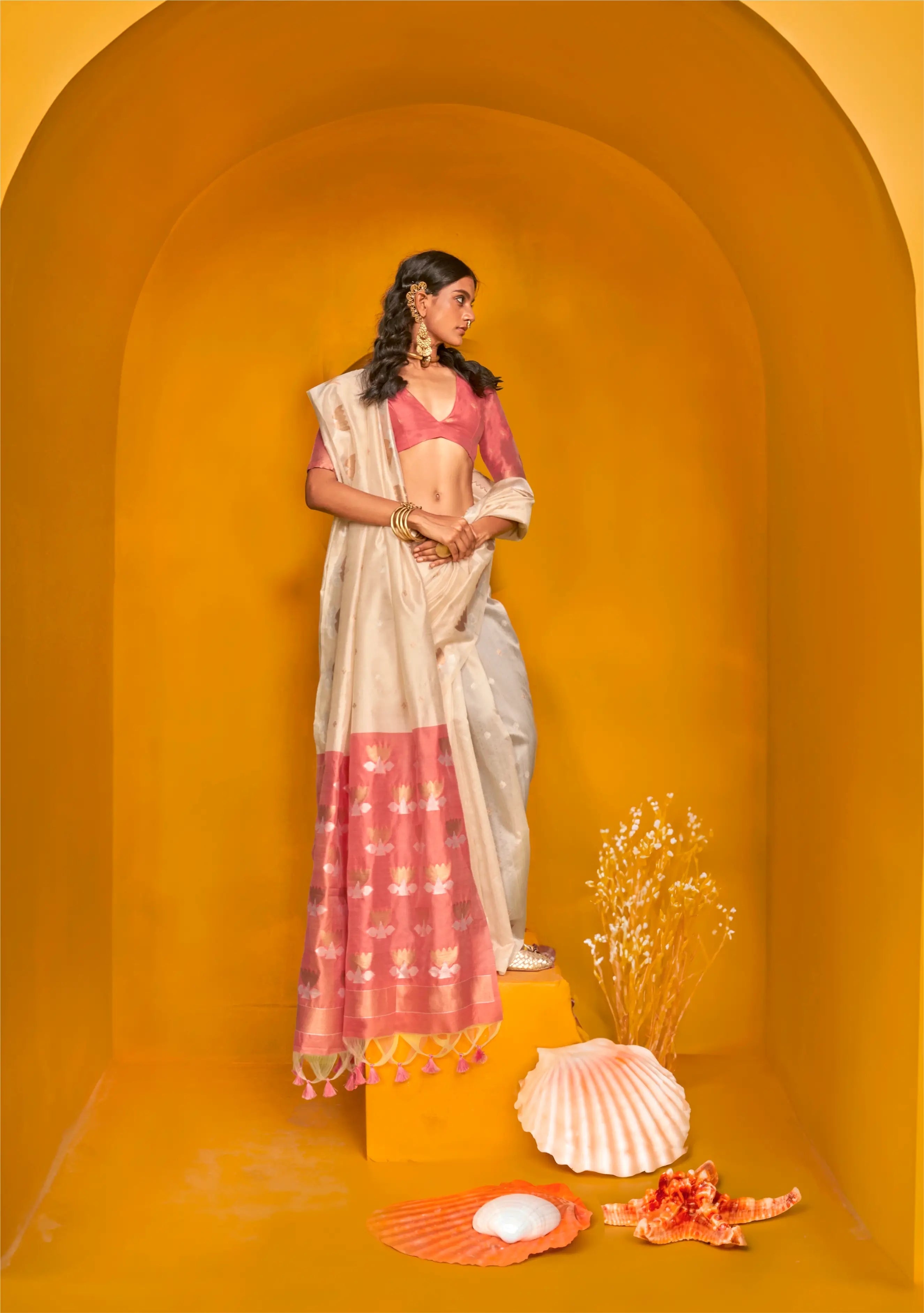 Beige Tussar Silk Zari Weaving Work Saree