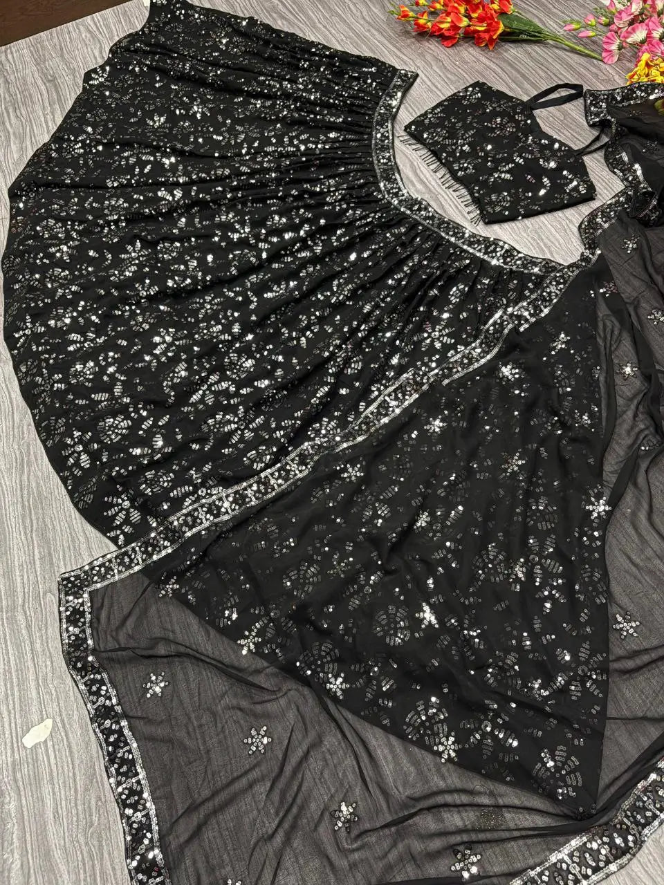 Black Georgette lehenga Embellished With Embroidery And Heavy Sequins Work
